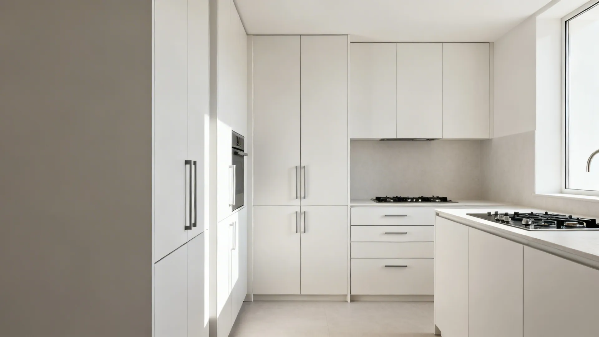 Small kitchen with slab-front cabinets, integrated pulls, and full-height pantry for minimalist storage.