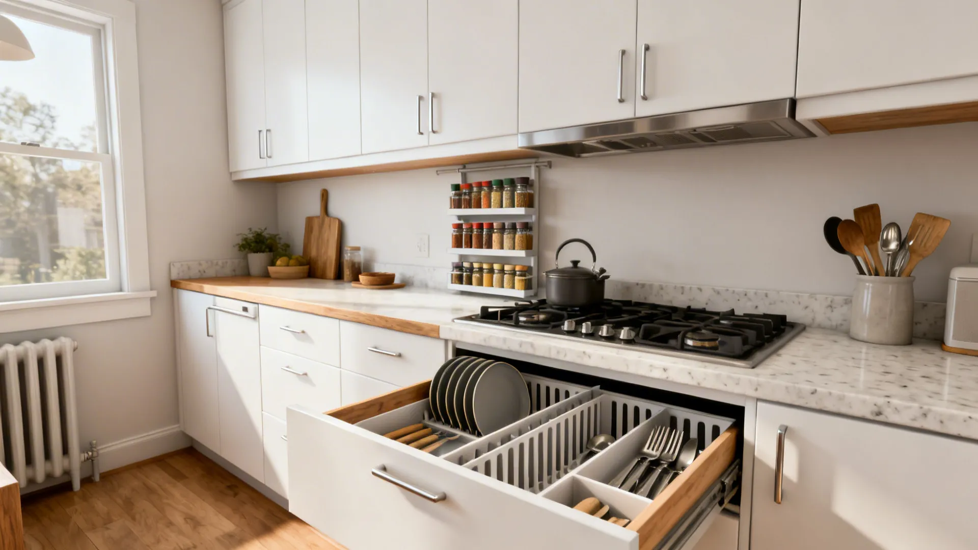 Full-height matte white kitchen cabinets with organized pull-outs and clear countertops.