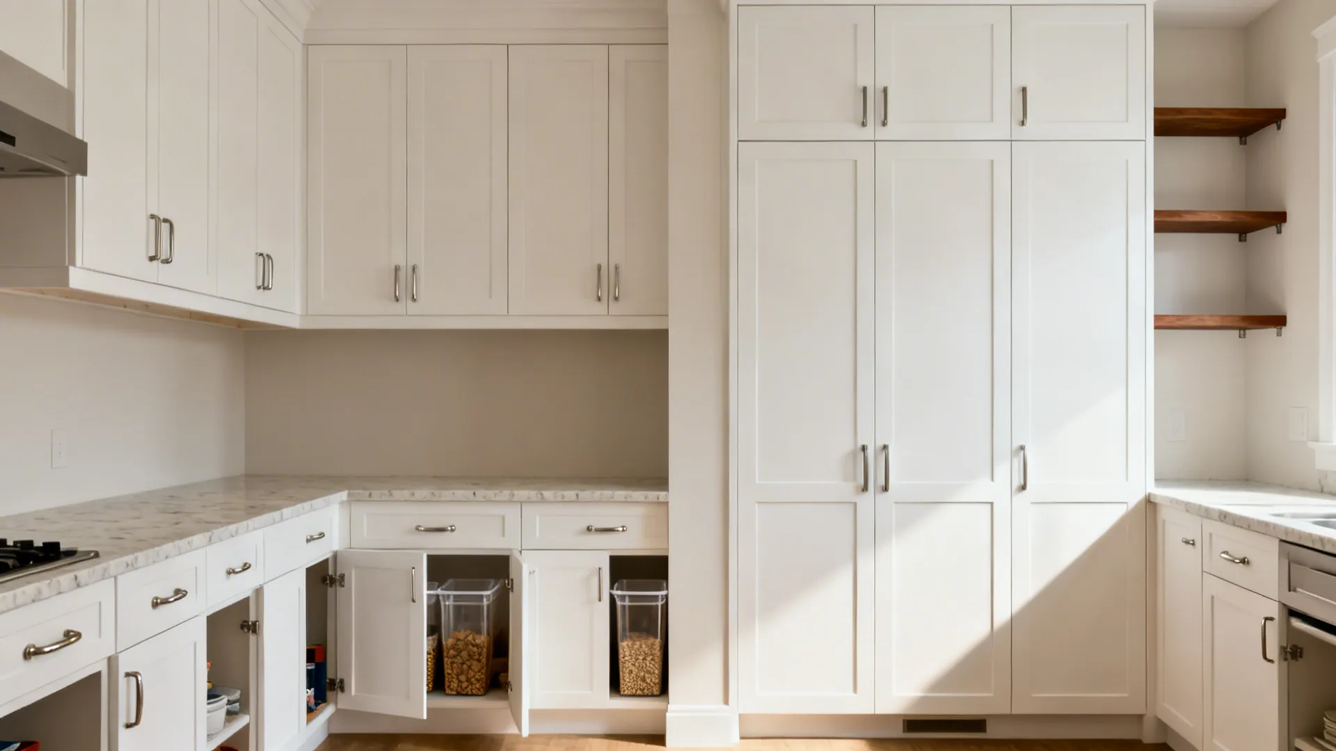Compact Akron kitchen with full-height pantry, matte slab fronts, and a slim walnut rail shelf.