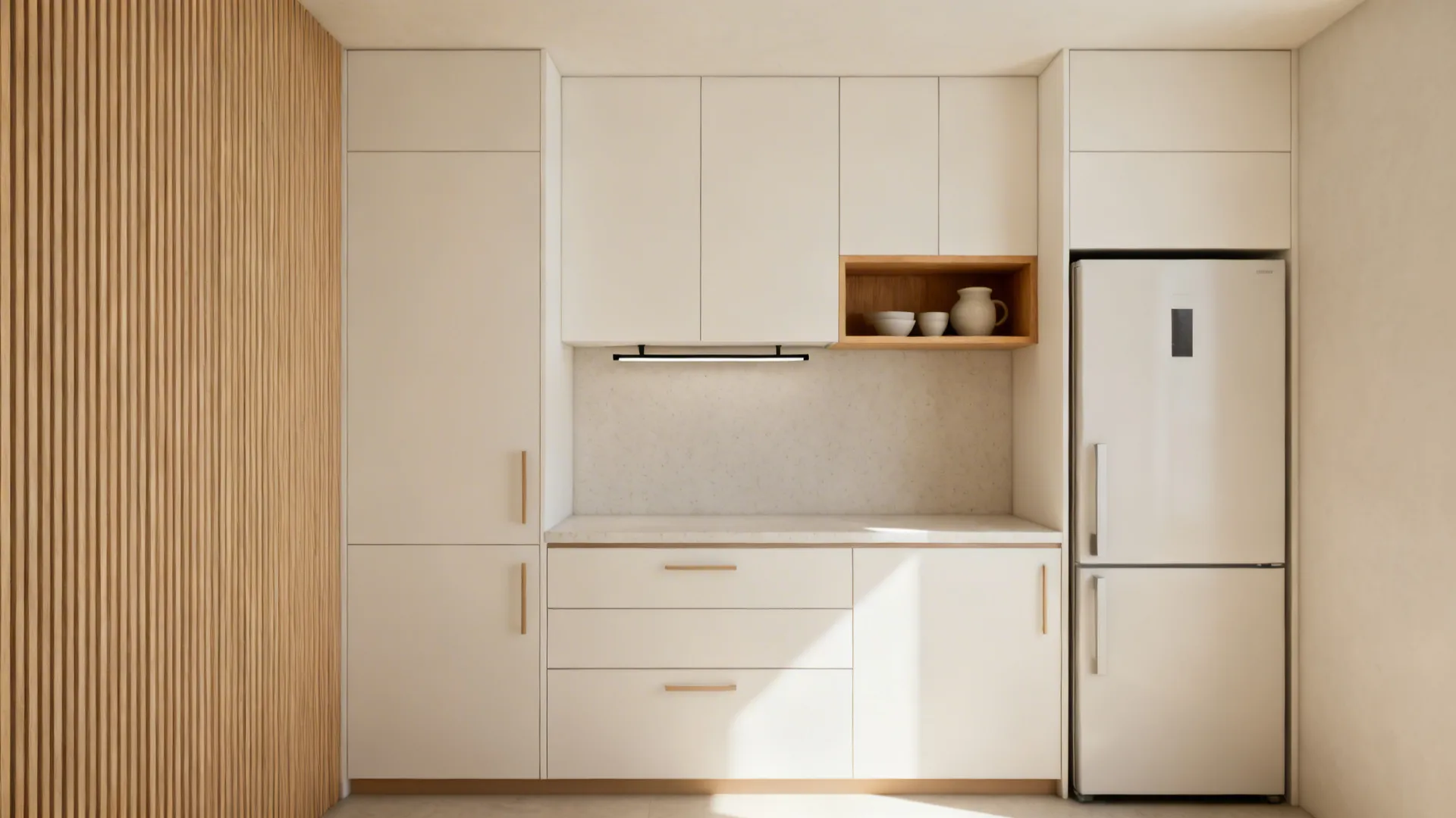 Minimalist small kitchen with slab cabinets, tall pantry, and a single open oak shelf.