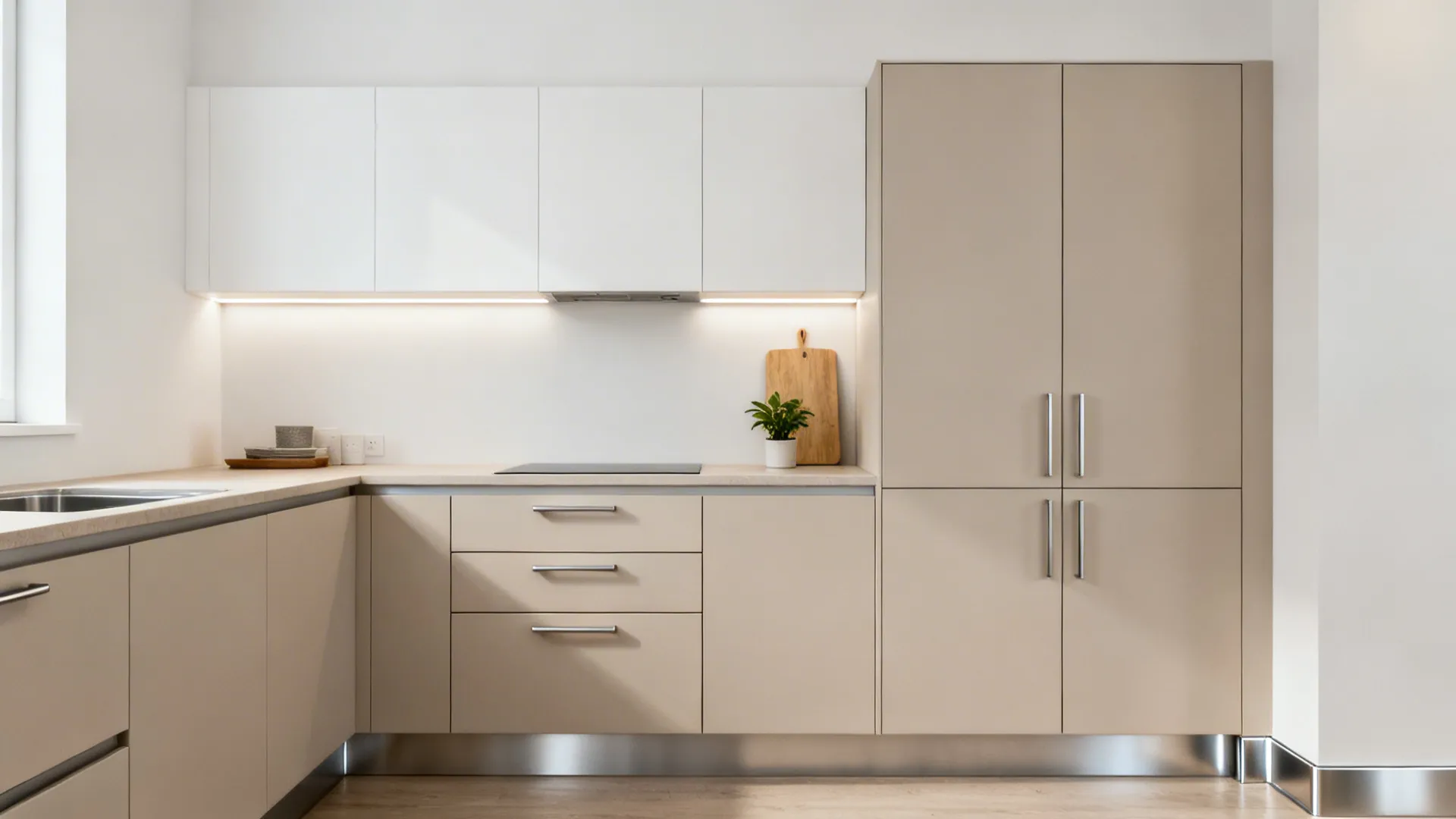 Minimalist galley kitchen with slab laminate fronts, tall pantry, and integrated pulls