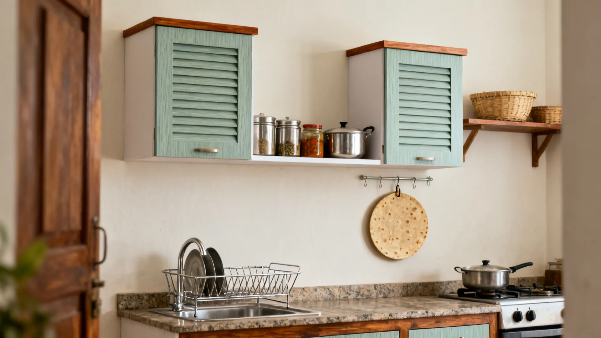Open ledge and closed cabinets with steel masala tins and dish-drying rack in a rural Maharashtra kitchen.