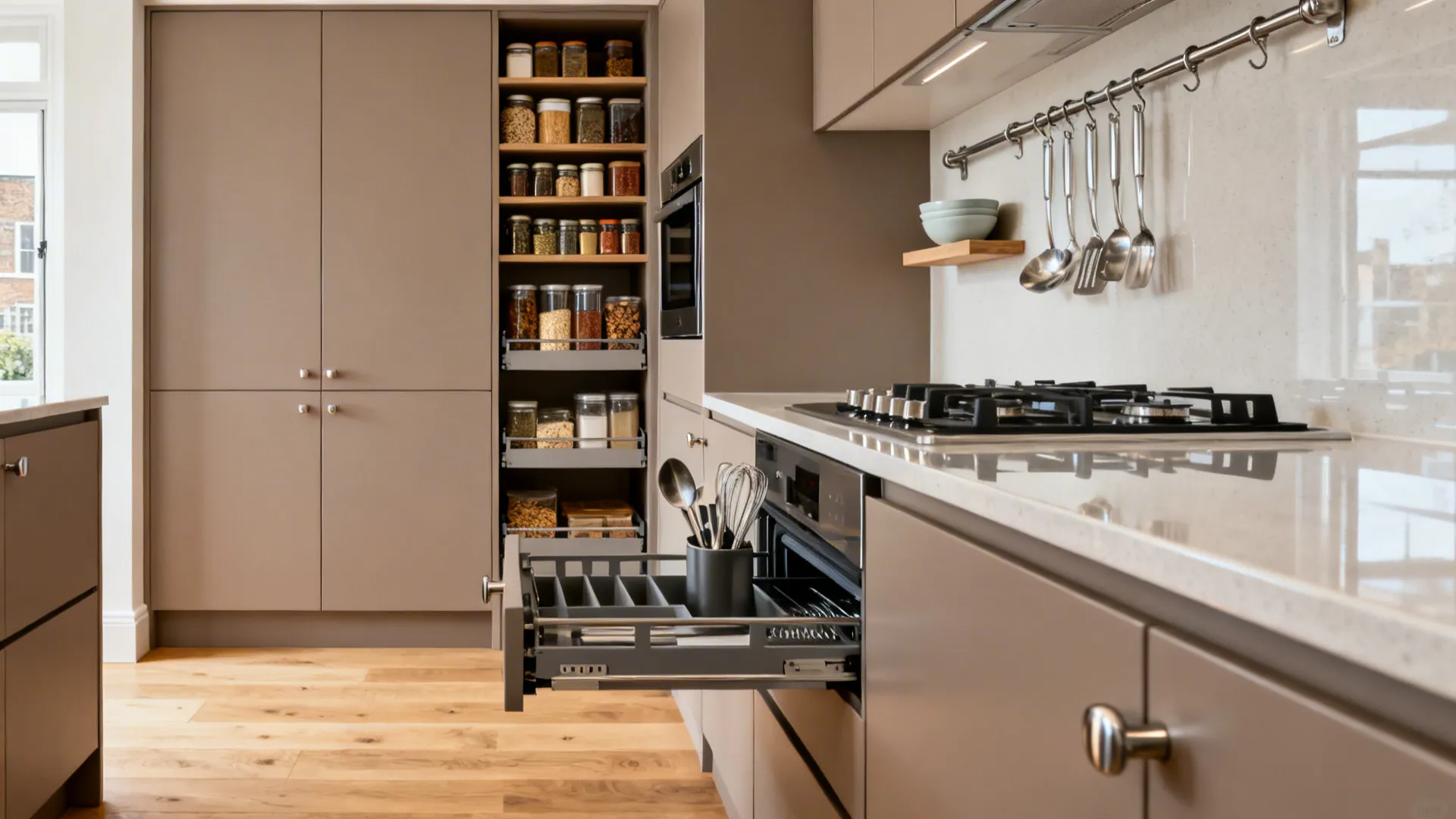 Compact kitchen with tall pantry pull-outs, slim organizers, and a rail system over the splashback.