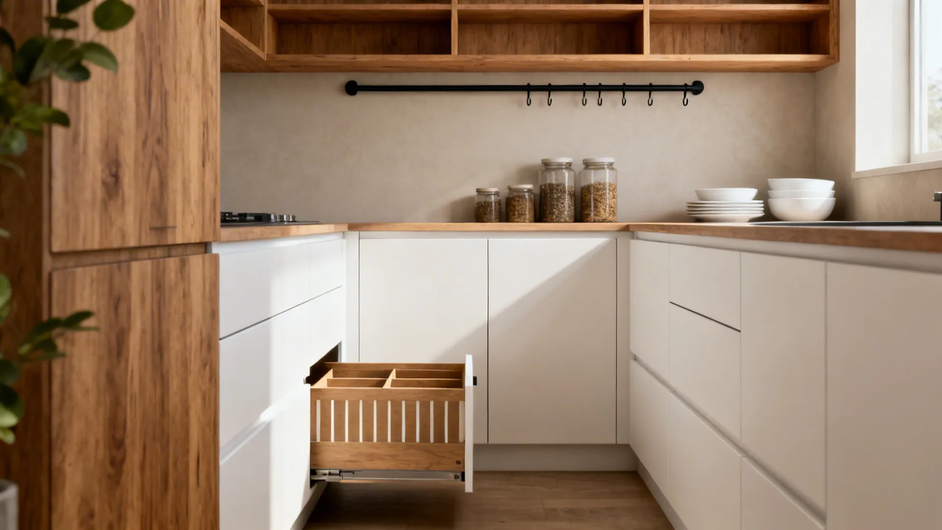 Minimalist small galley kitchen with open shelves, slim rail, and streamlined drawers.
