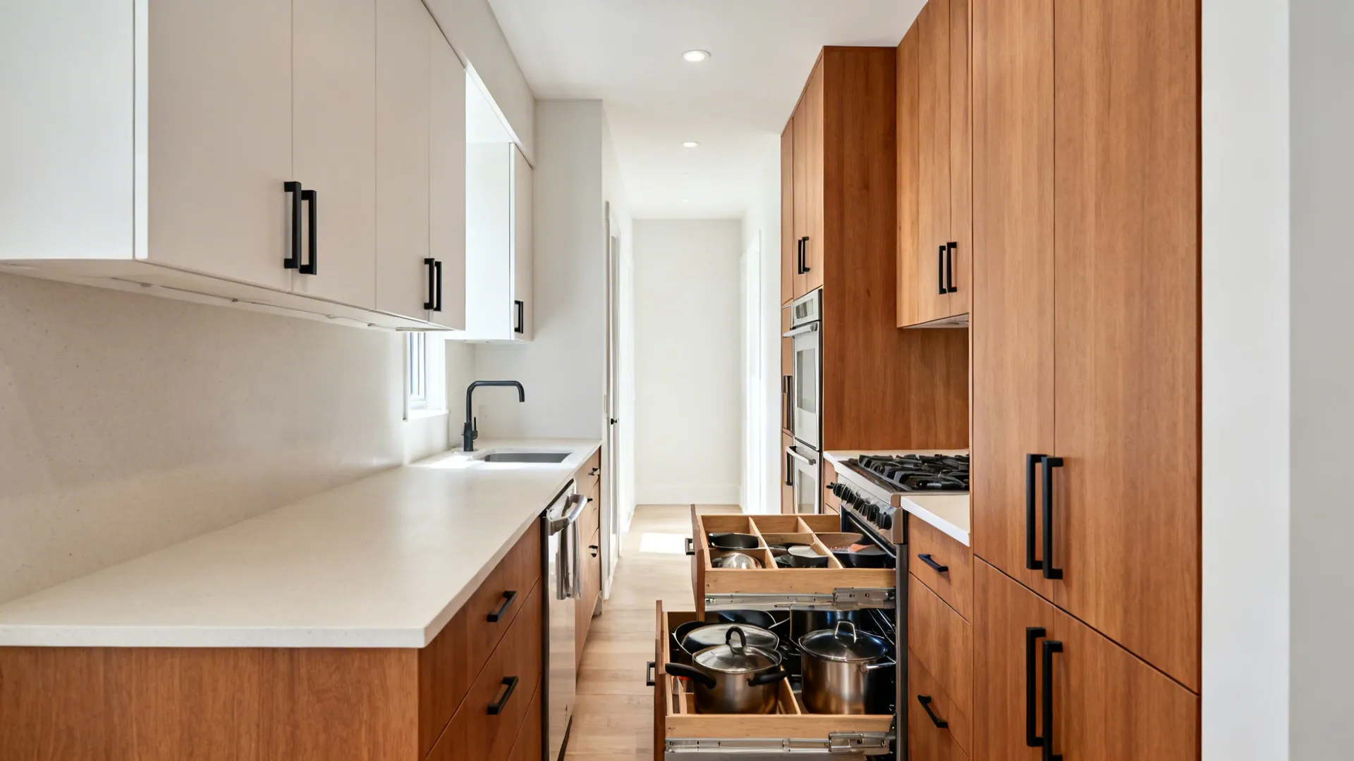 Minimalist St. Louis galley kitchen with slab wood cabinets, deep drawers, and a slim pull-out pantry.