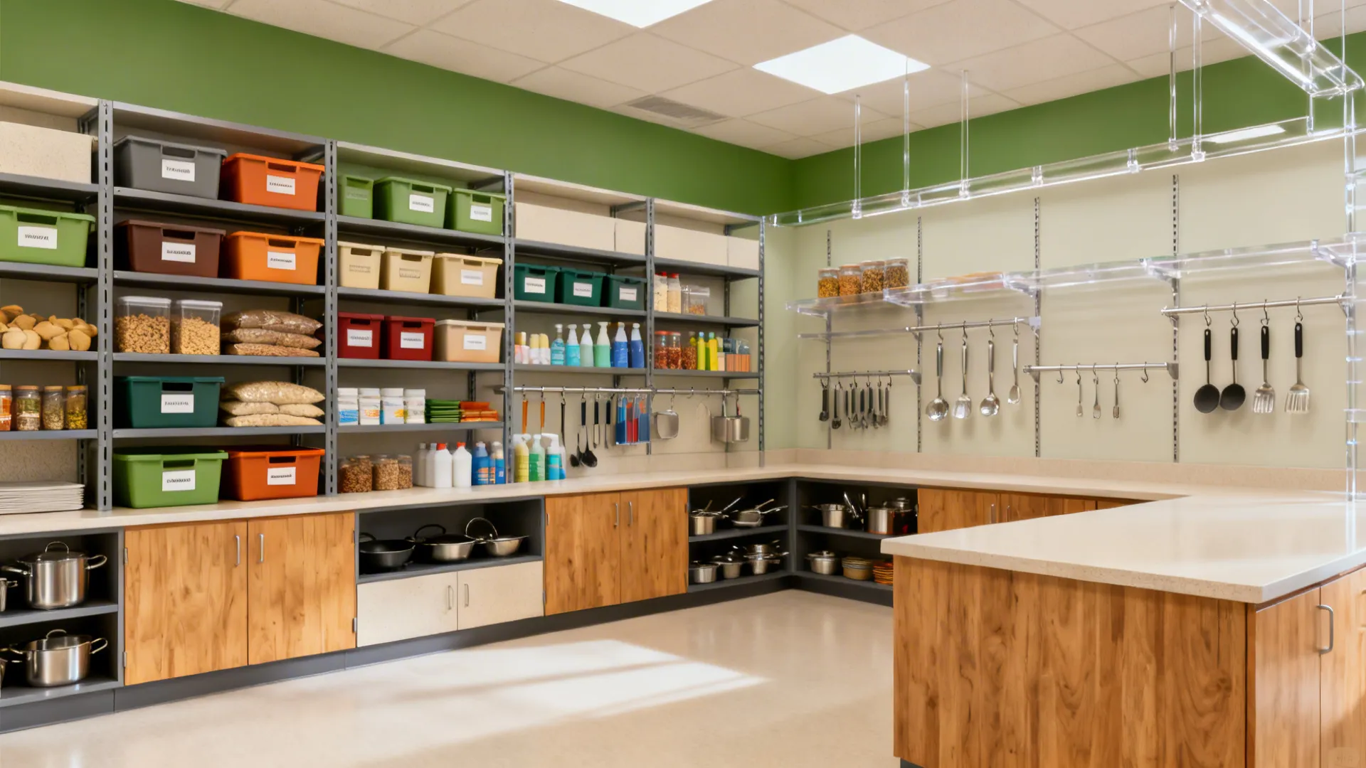 Open metal shelves with color-coded labeled bins above an L-shaped counter in a hostel kitchen.