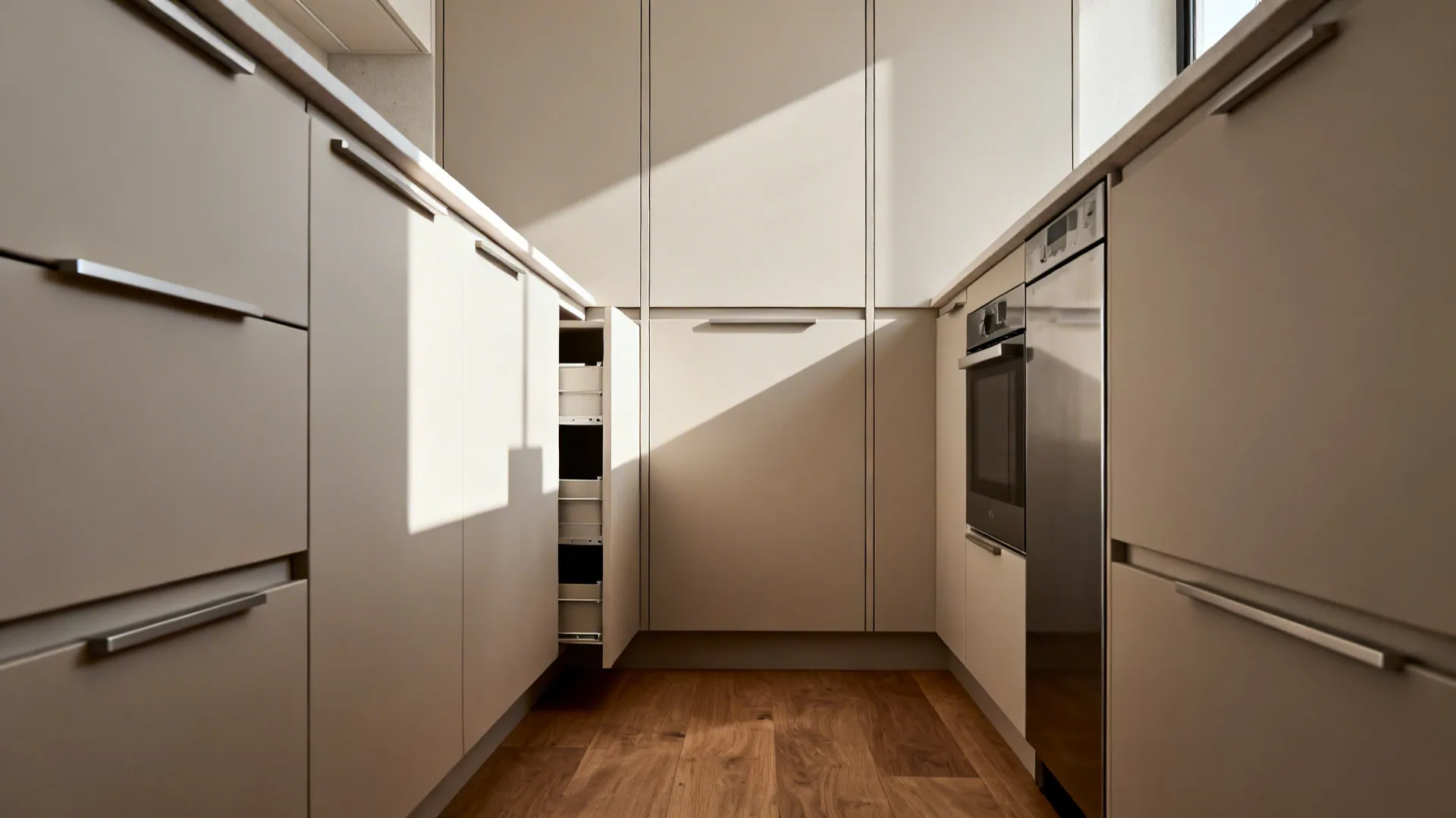 Minimalist full-height kitchen cabinets with slim pull-out storage and integrated pulls in a compact space.