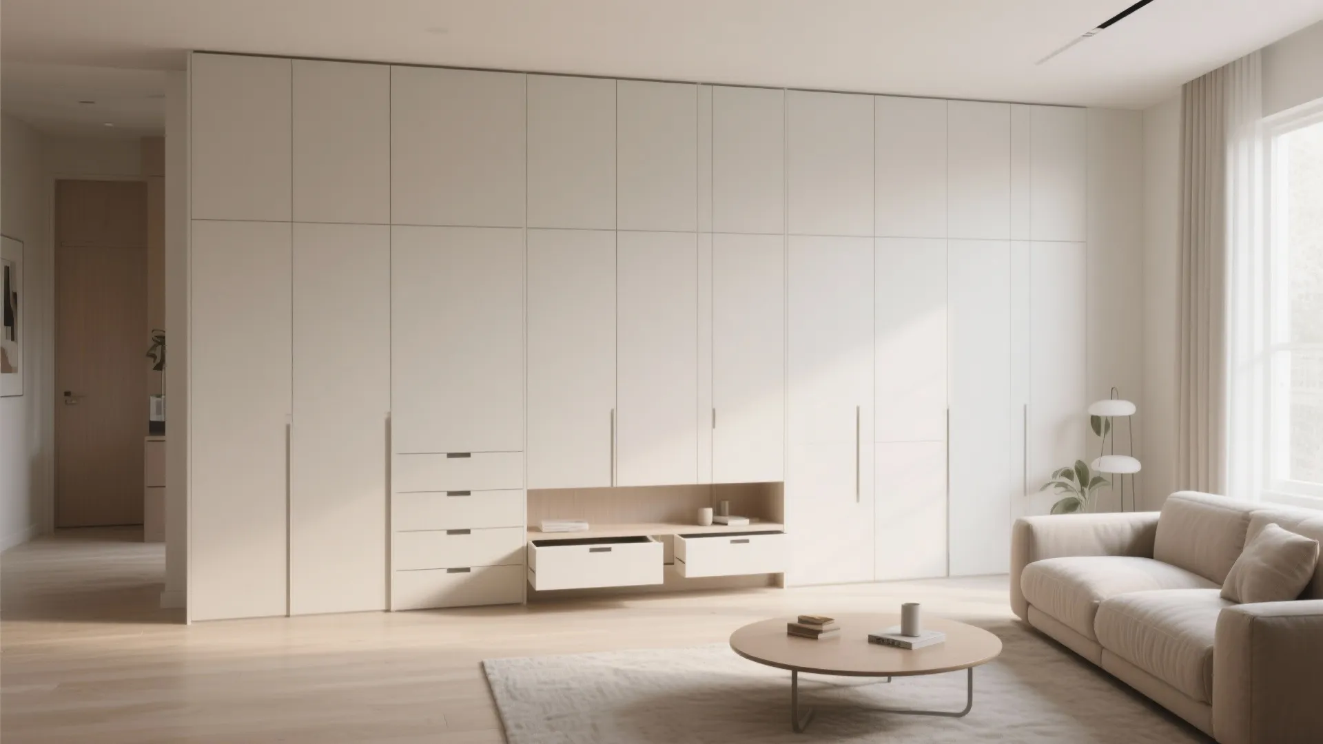 Large white wall cabinet unit in minimalist living room with beige sofa and round coffee table