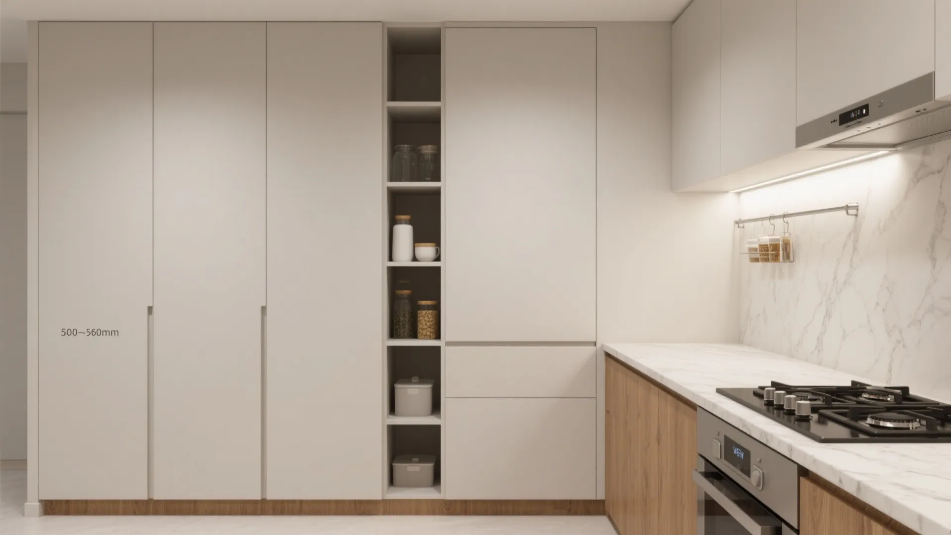 Modern kitchen with beige cabinets, open shelving, marble countertop, wooden base, and integrated oven appliance