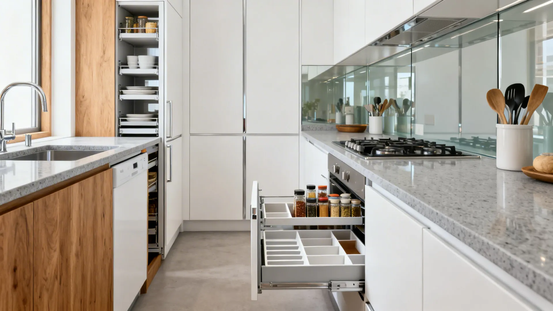 White kitchen with open drawers holding spice jars and tall cabinet storing plates and bowls