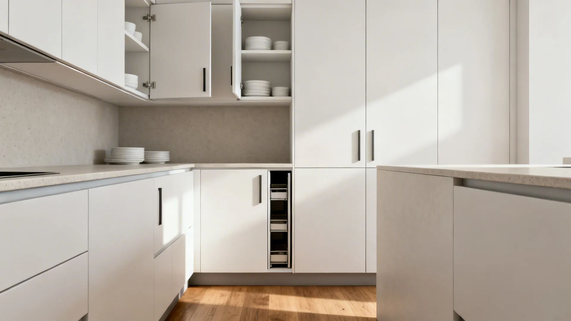 Ceiling-height slab cabinets with integrated pulls in a compact 6x4 kitchen galley.