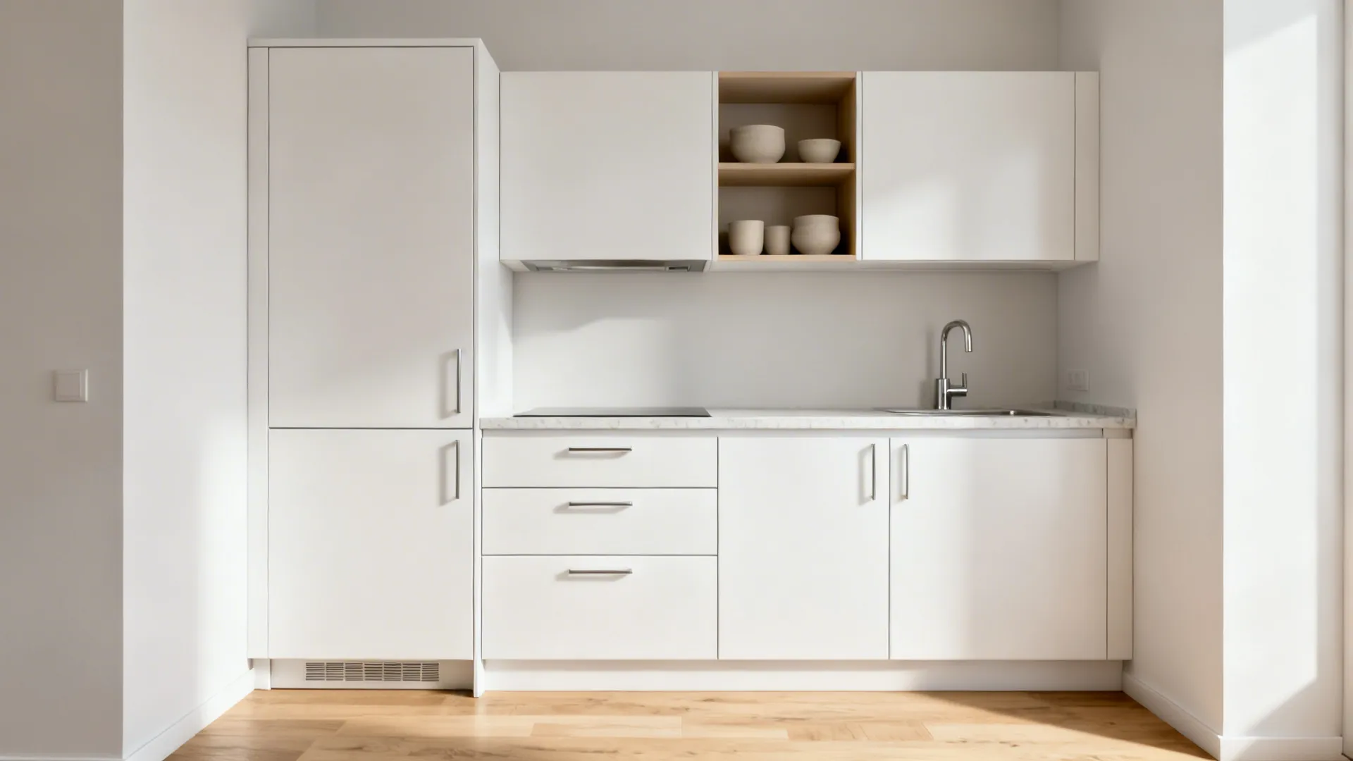 Minimalist 6x8 kitchen with flat-front white cabinets, reduced-depth uppers, and a tall pantry.