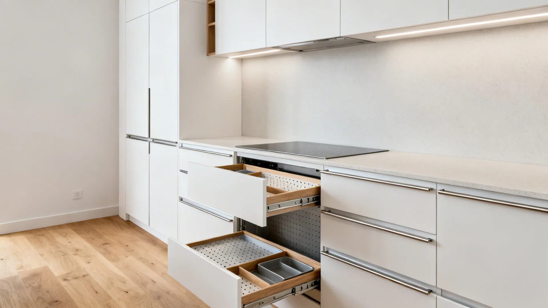 Modern white kitchen cabinets with open drawers showing wooden storage organizers and light wood floor