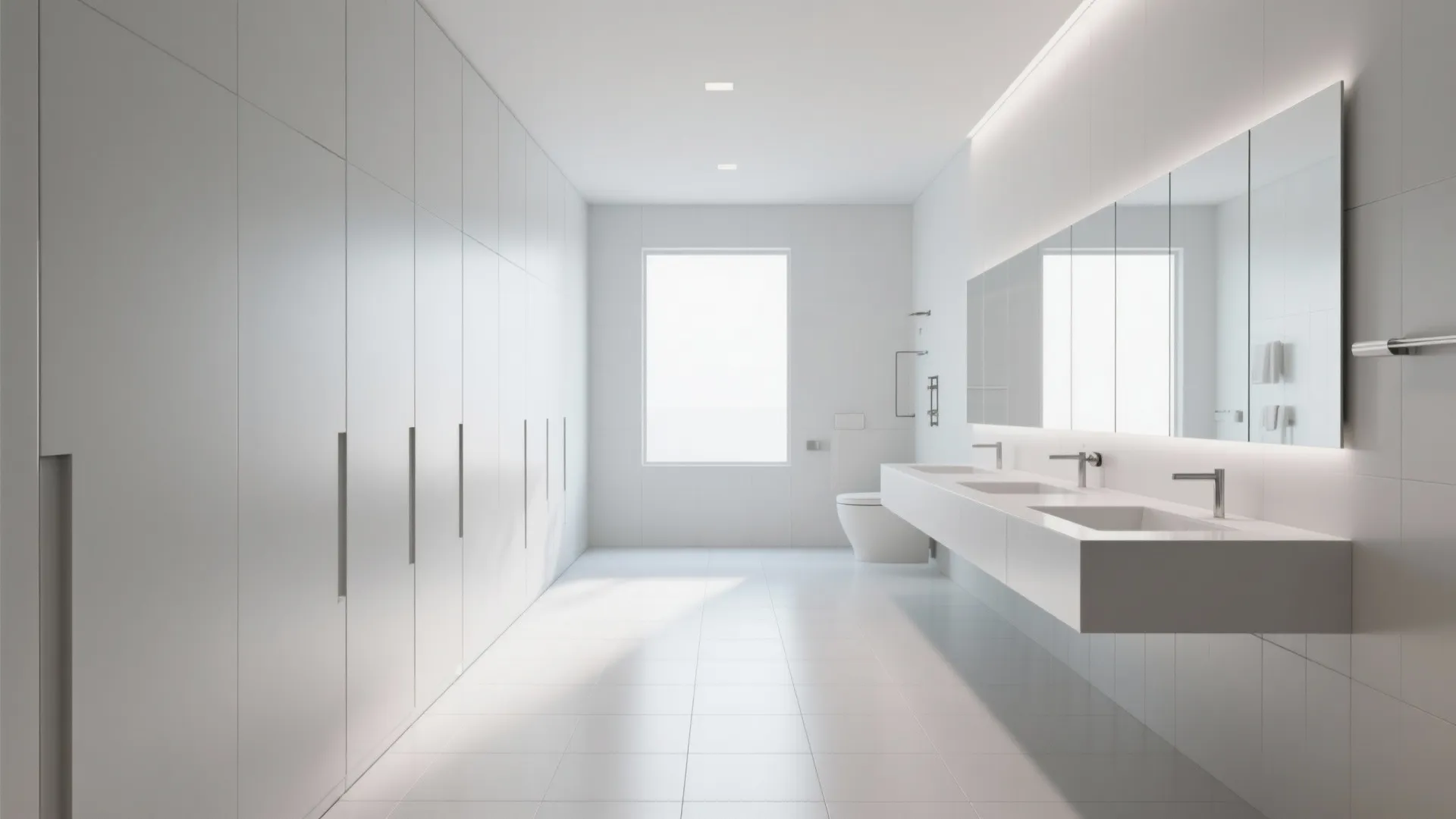 Modern white bathroom featuring long floating cabinet with double sinks and large rectangular wall mirror