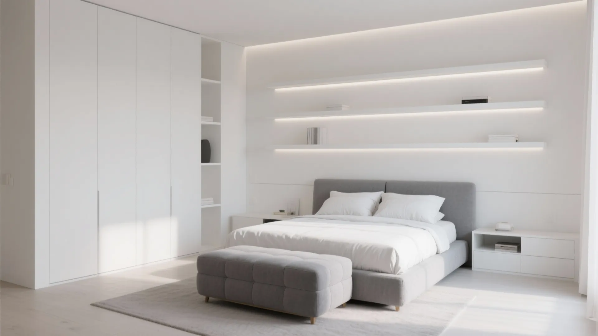 Minimalist white bedroom with large wardrobe wall shelves gray bed and matching gray padded footrest