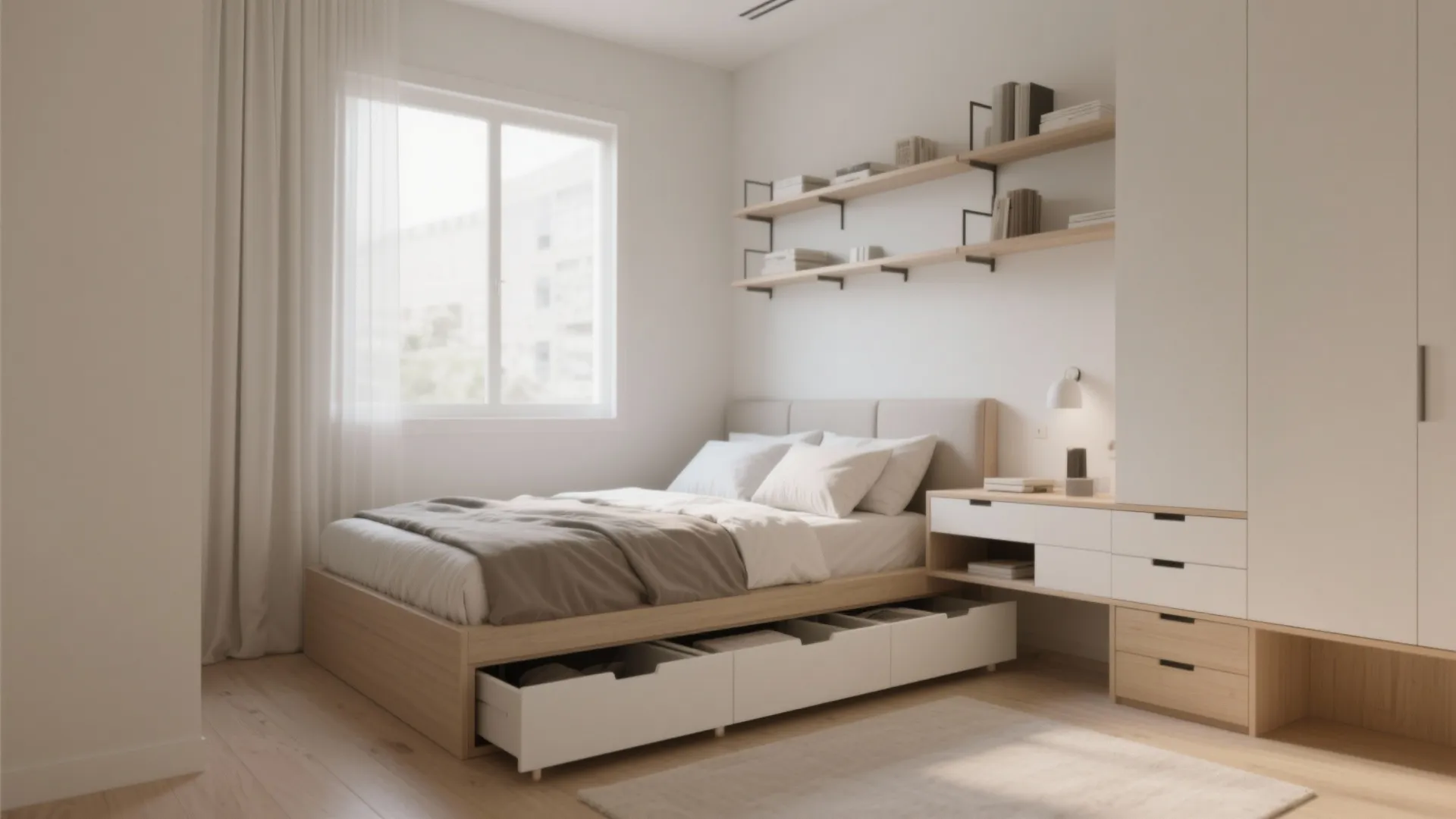 Minimalist bedroom with wooden storage bed drawers white wardrobe wall shelves and small desk area