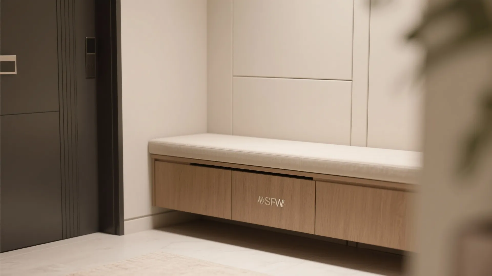 Minimalist wooden storage bench with a white cushion and drawers placed against a plain wall