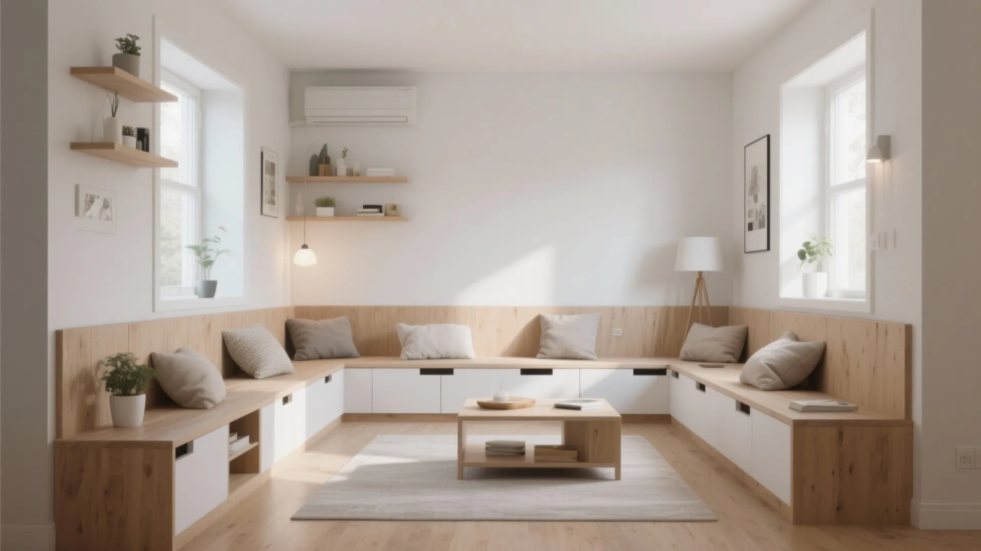 Bright room with a wooden U shaped storage bench white drawers cushions and a table
