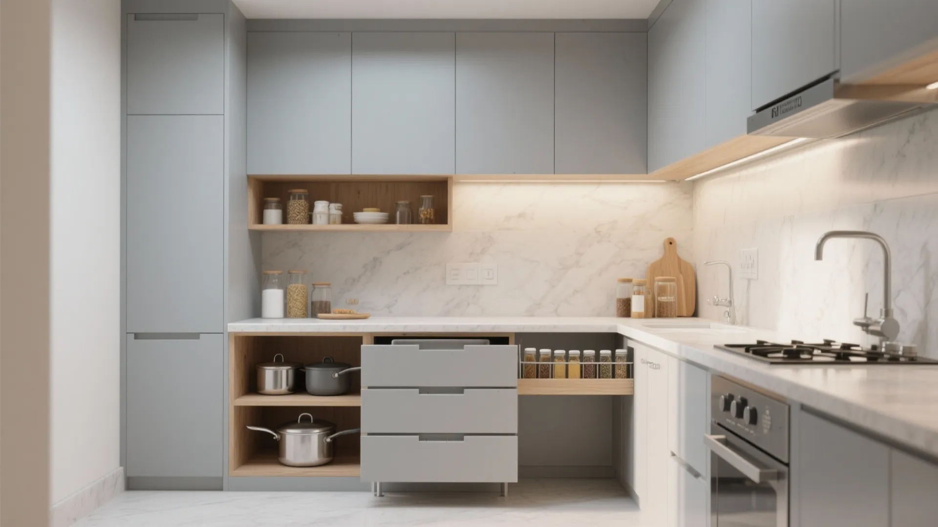 Minimalist Kitchen Storage for a 2 BHK