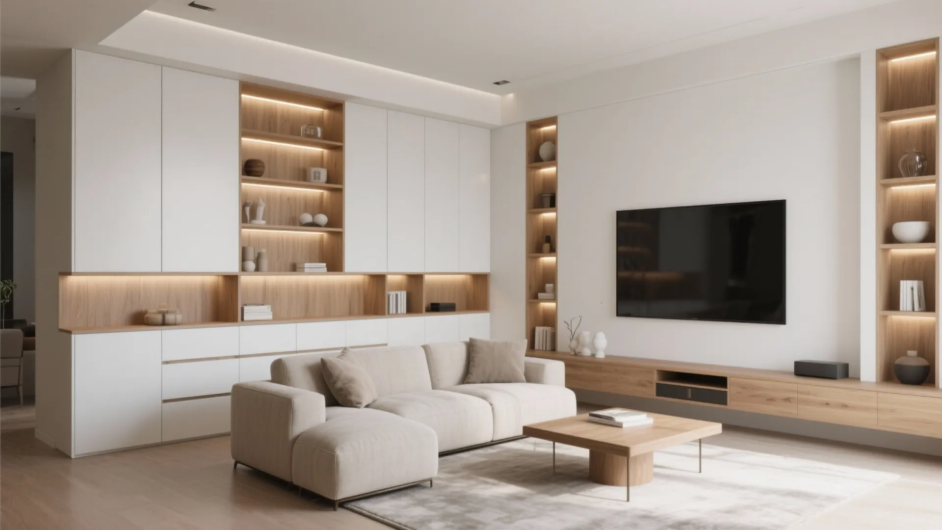 Minimalist living room featuring white wall cabinets with wooden shelves a television and beige sofa