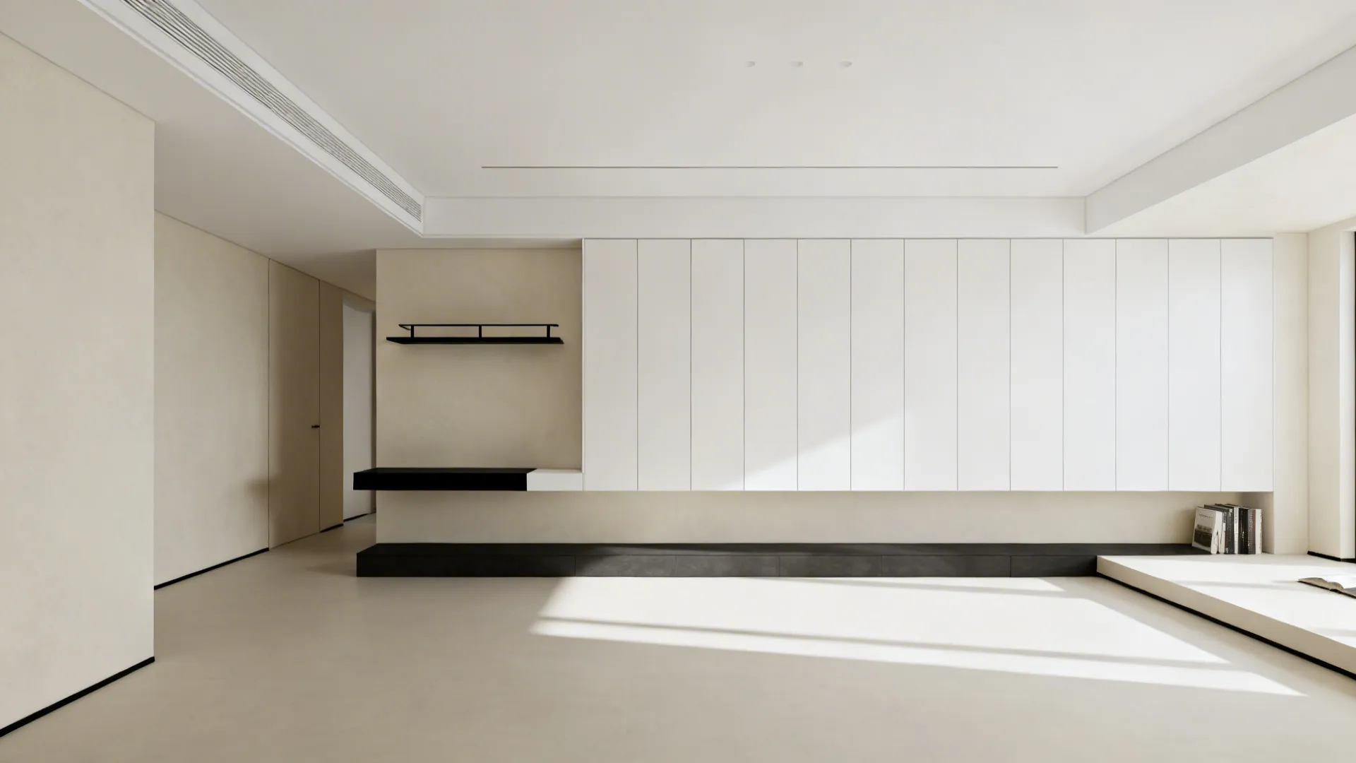 Wall-mounted matte white cabinets with a single black steel shelf create sculptural minimalist storage.