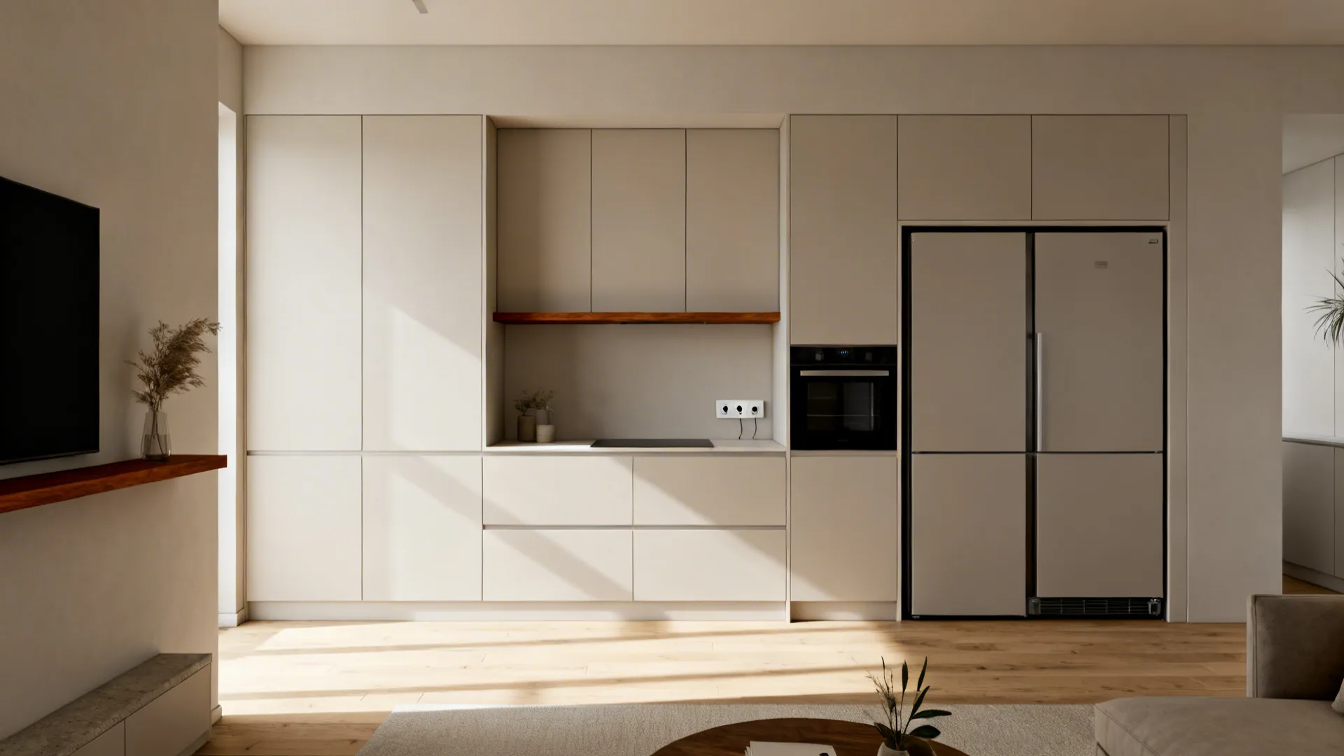 Full-height handleless kitchen cabinets with a concealed appliance garage in an open-plan space.