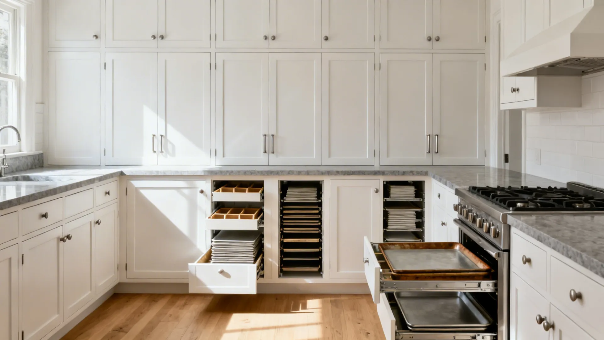 Minimalist white kitchen cabinetry with slim pull-outs and organized deep drawers in a compact galley.