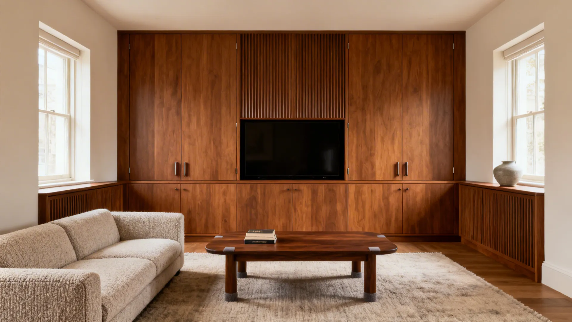 Built-in fluted-door oak cabinet hiding a TV in a serene modern drawing room.