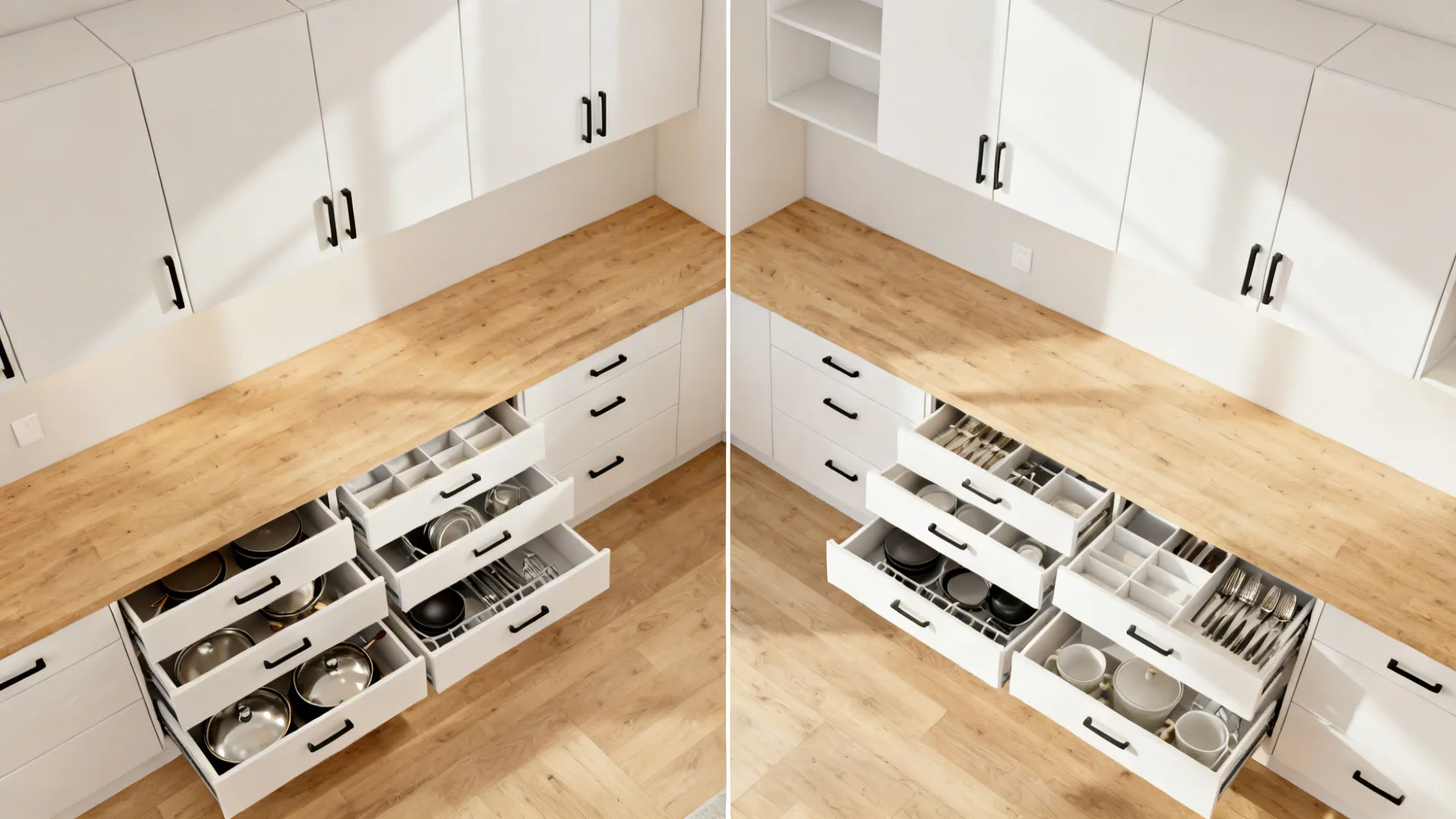 Before-and-after view of small kitchen storage, replacing many uppers with deep drawers and tall pull-outs.
