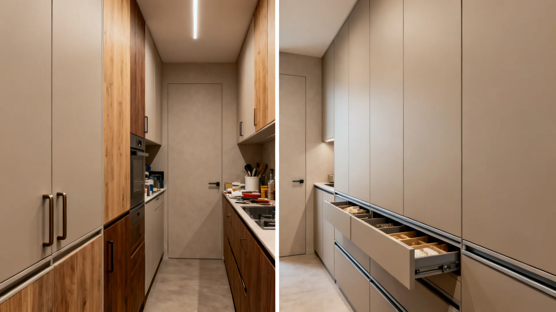 Split view showing a cluttered kitchen before and a clean handleless cabinet system after.