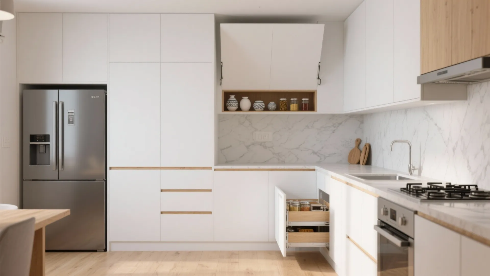 Minimalist kitchen storage for a calm core
