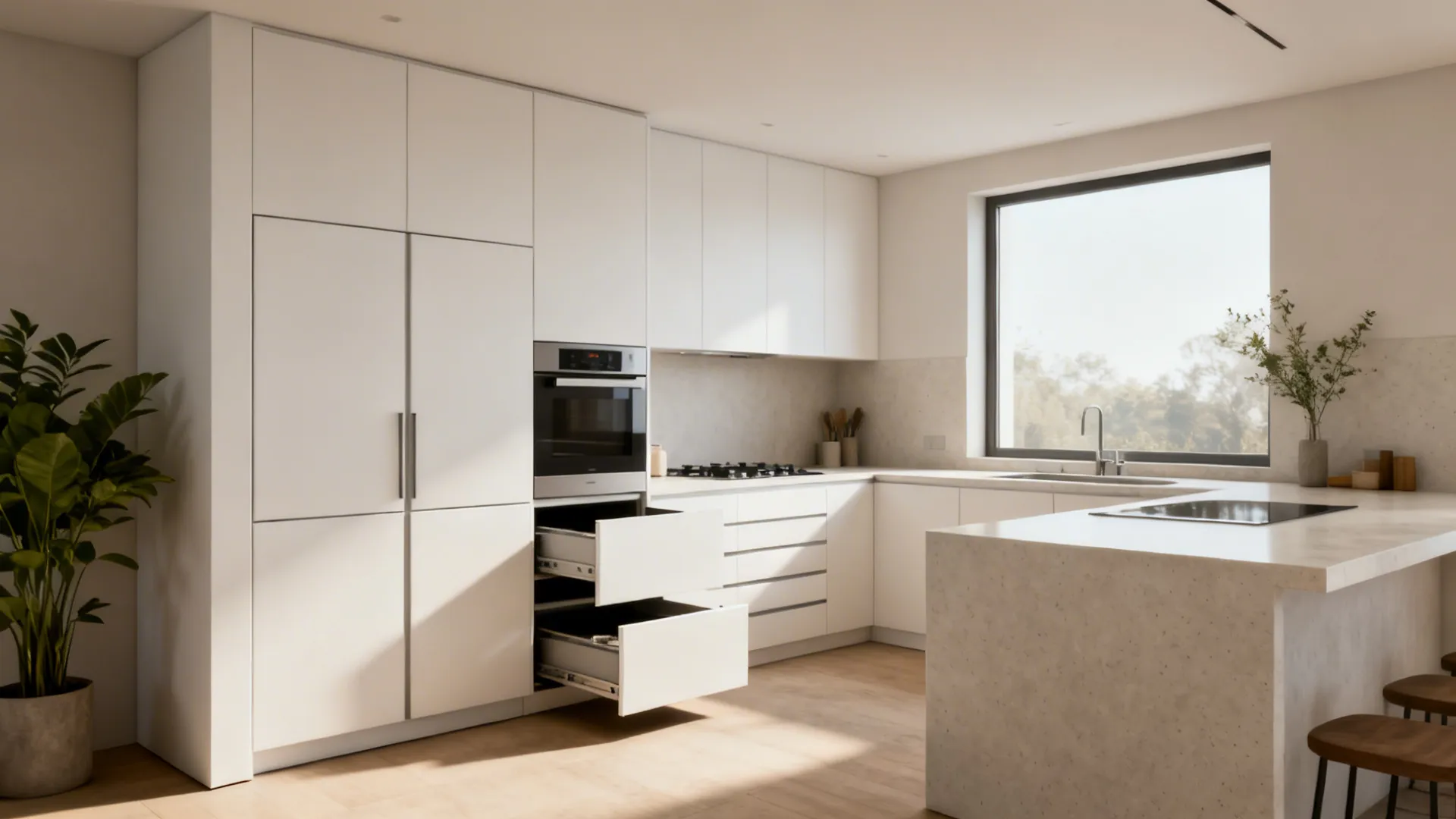 Minimalist L-shaped kitchen corner with full-height pantry, flat-front cabinets, and deep drawers.