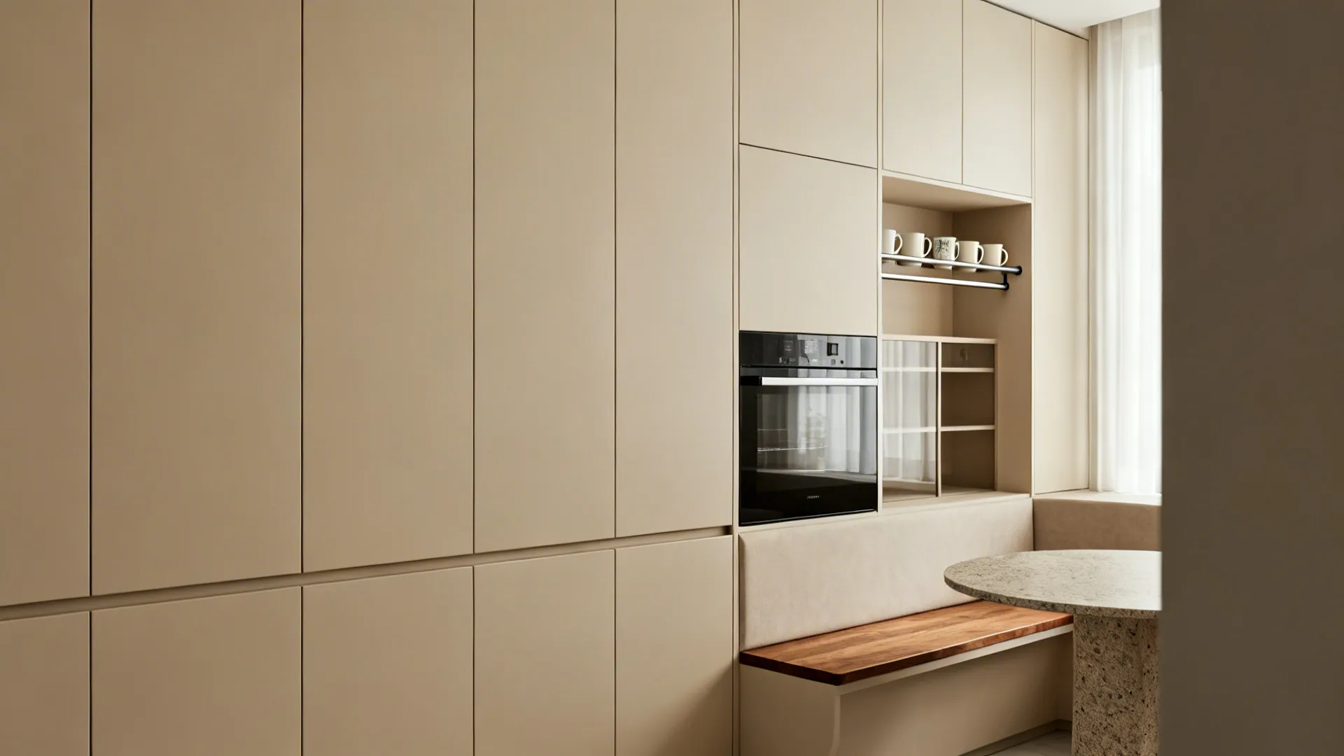 Tone-on-tone tall cabinets with a slim mug rail create calm storage beside a compact dining banquette.
