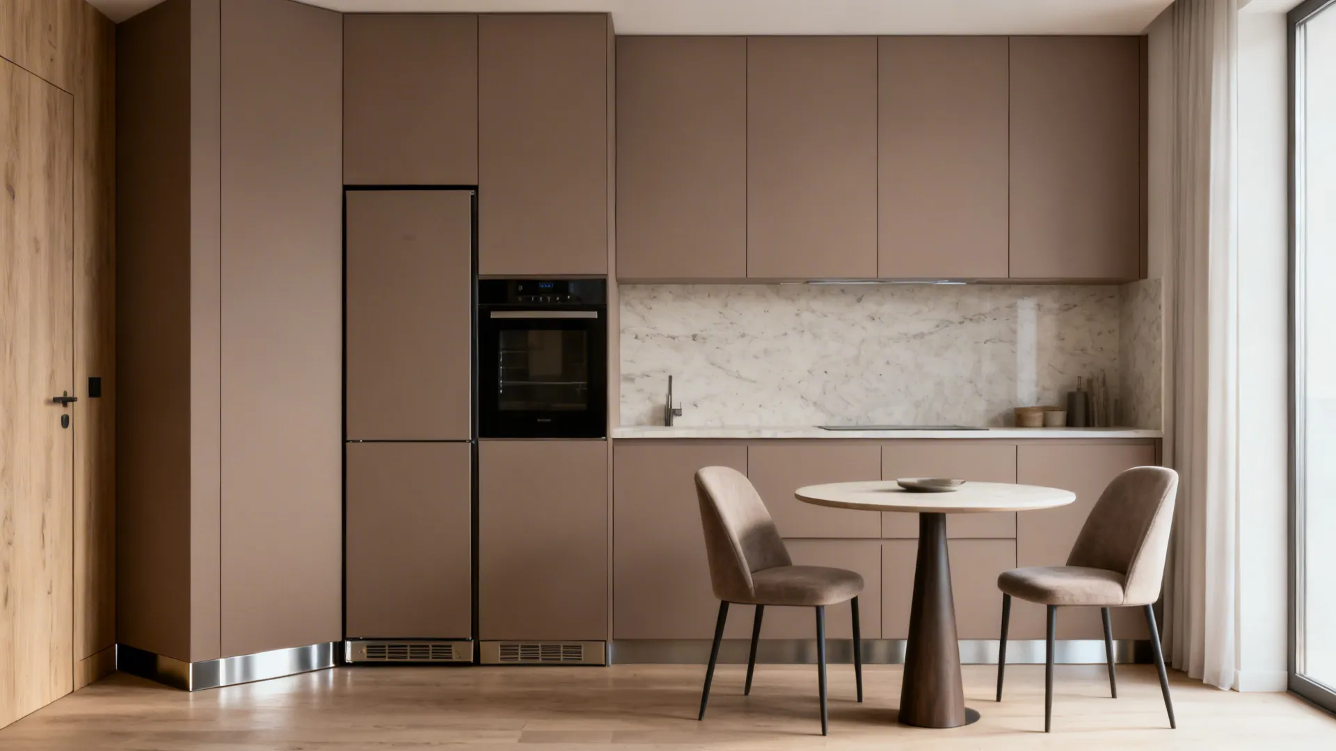 Handleless full-height matte cabinets calm a small kitchen-dining corner with hidden storage.
