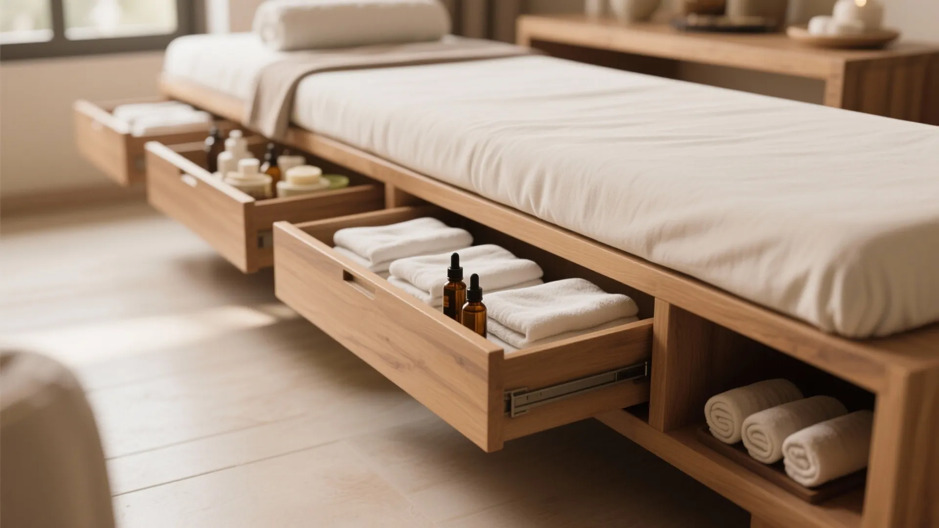 Wooden massage bed featuring open storage drawers filled with rolled white towels and glass bottles