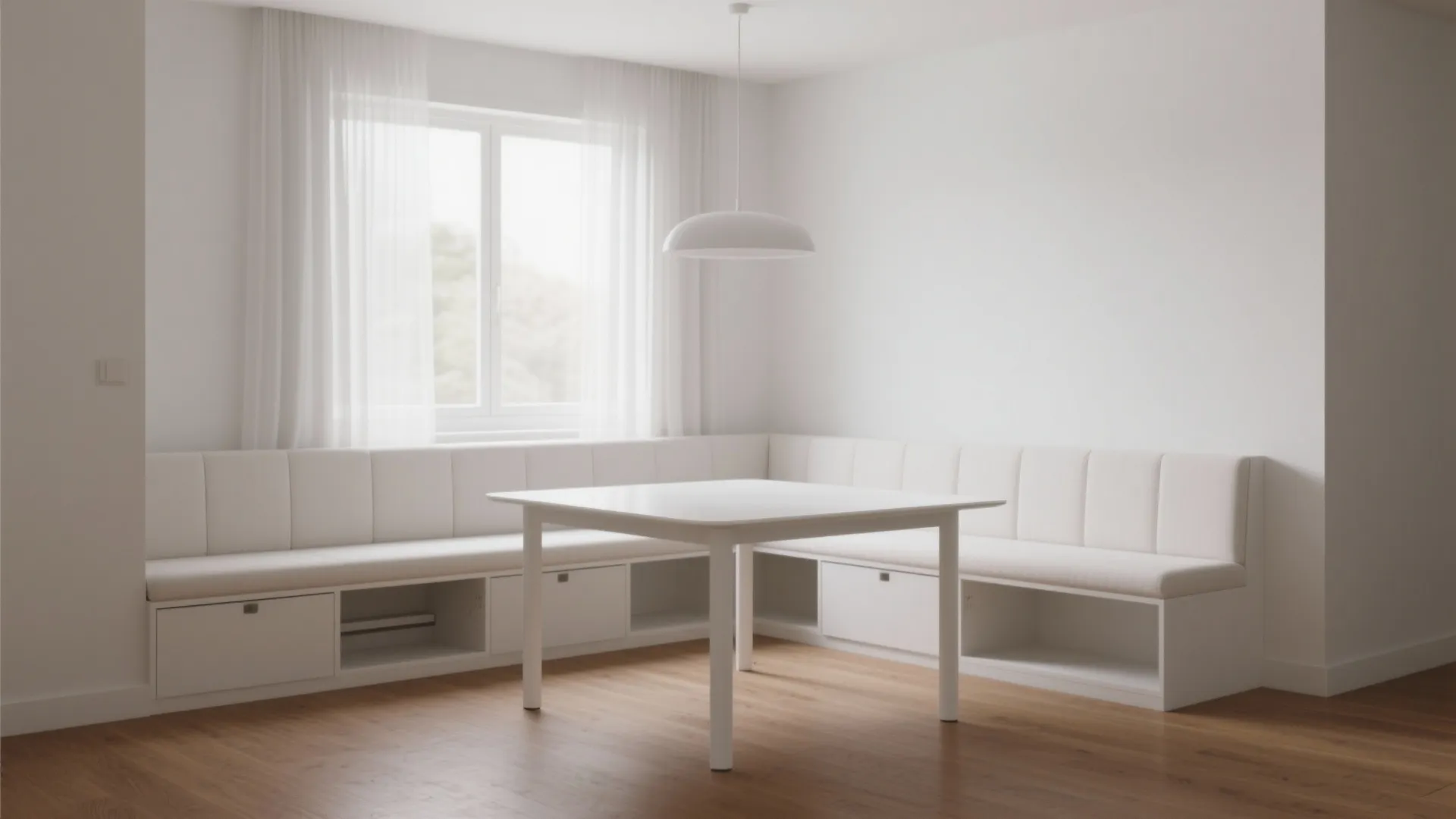 Minimalist white dining room with built in wall seating storage a square table and light