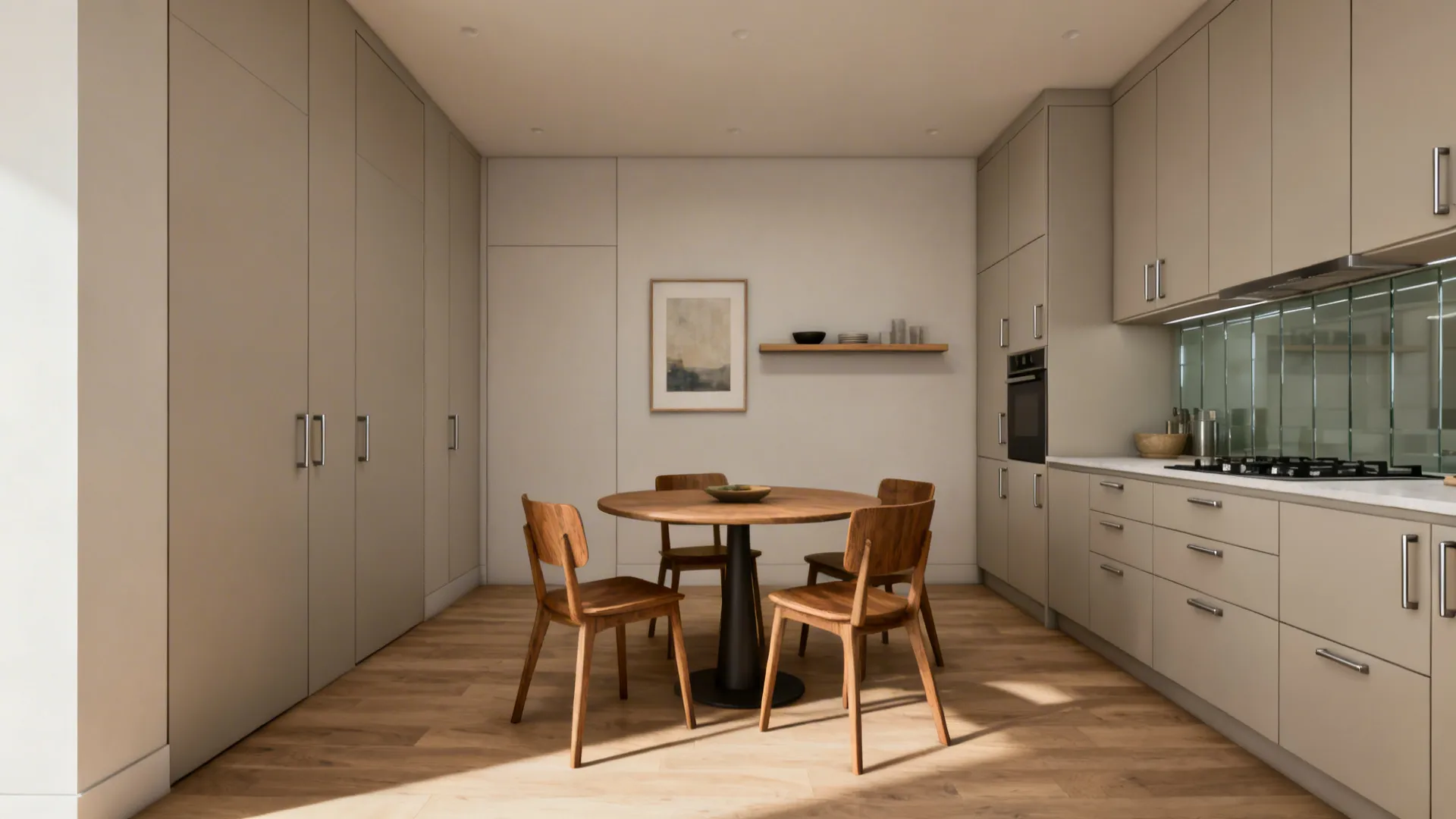 Minimalist full-height storage and a calm dining nook with a round table and oak chairs.