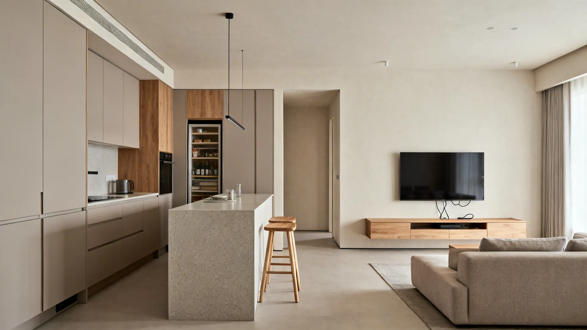 Waist-high handleless cabinet run dividing kitchen and lounge with hidden storage.