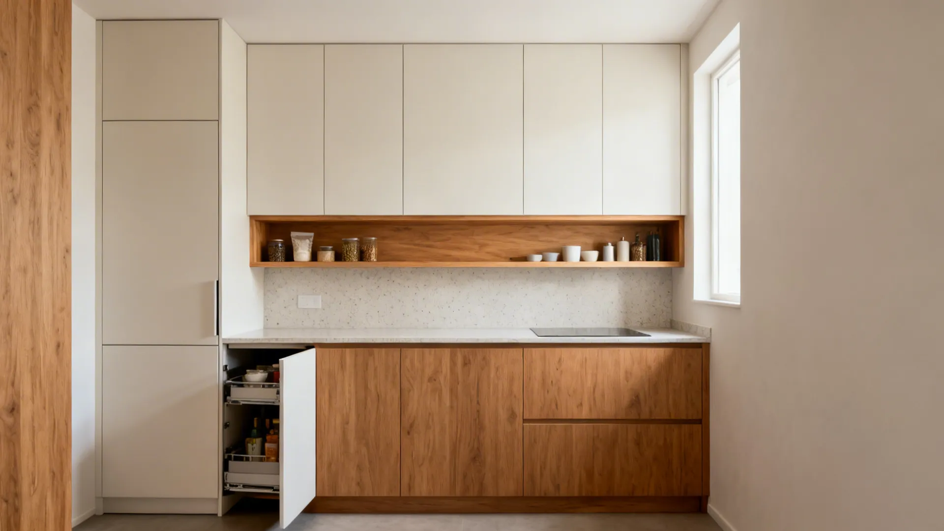 Modern kitchen featuring white wall cabinets wooden base units open wood shelf and pull out pantry