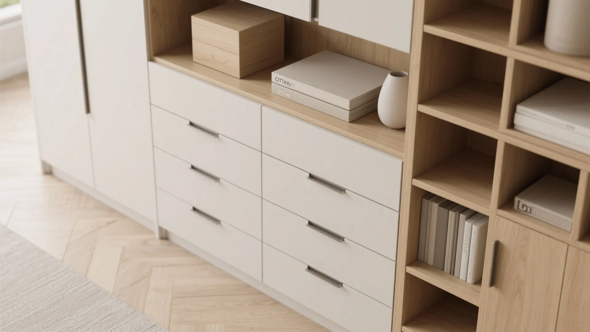 Light wood cabinet with white drawers and open shelves holding books in a minimalist room