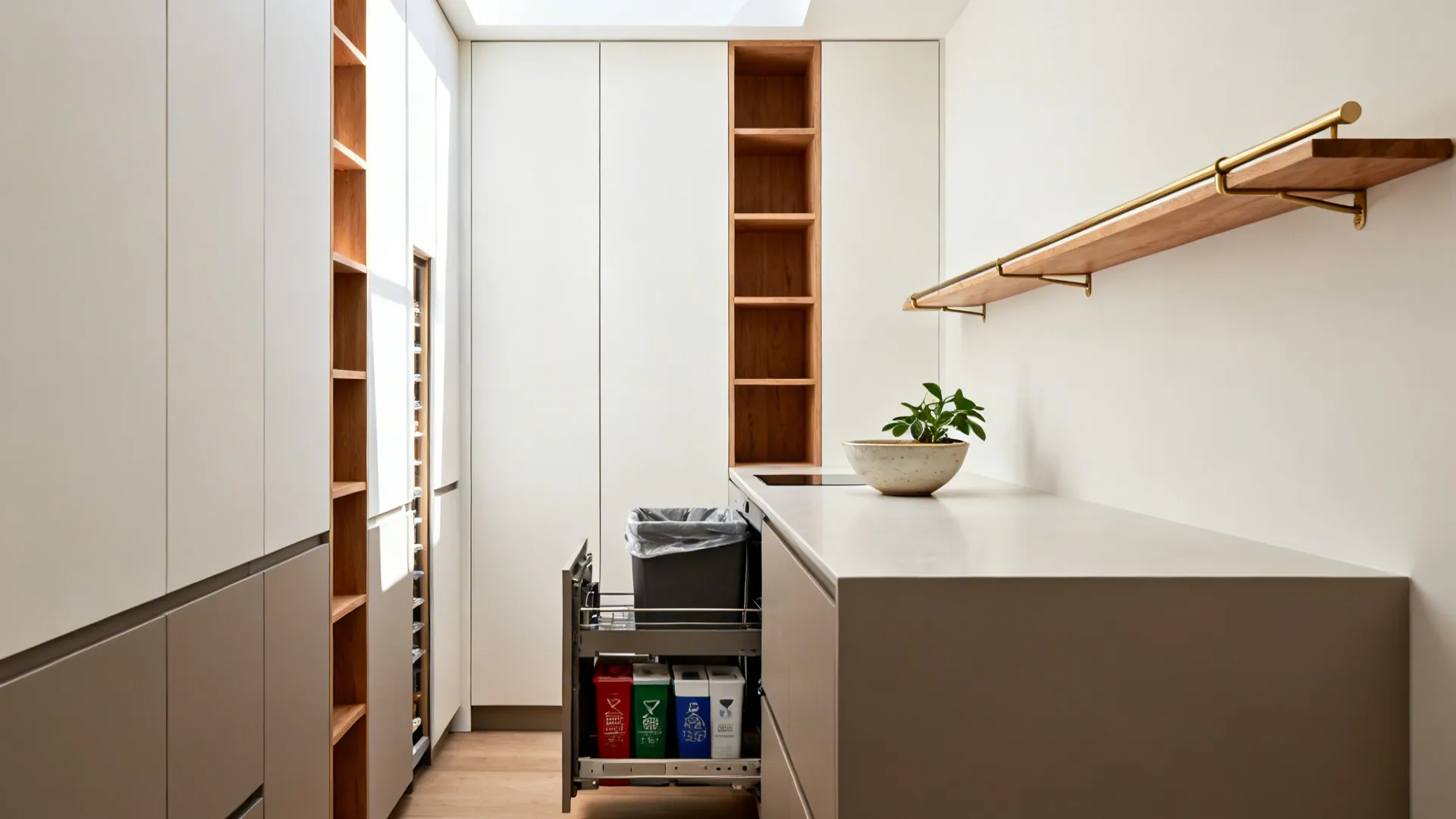 Minimalist Fairfax galley kitchen with handleless two-tone cabinets and pull-out pantry.