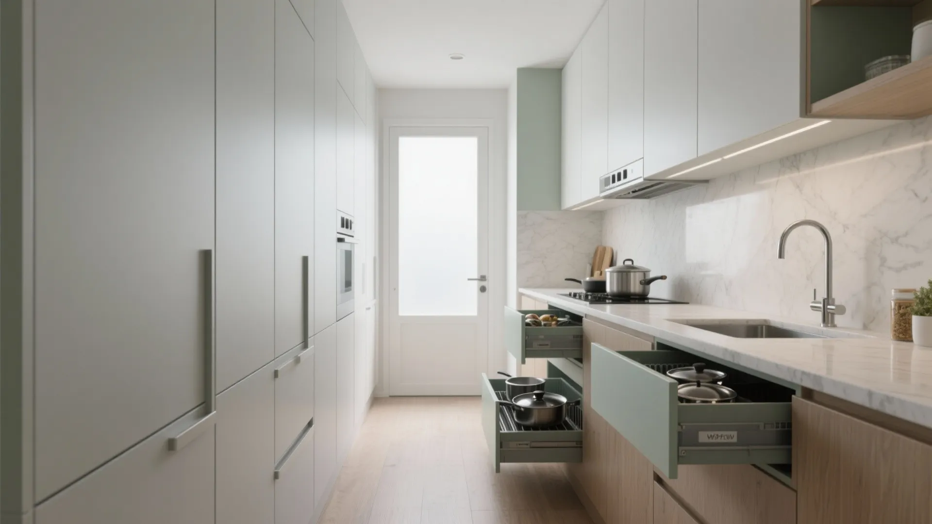 Minimalist galley kitchen with full-height matte cabinets and organized deep drawers.