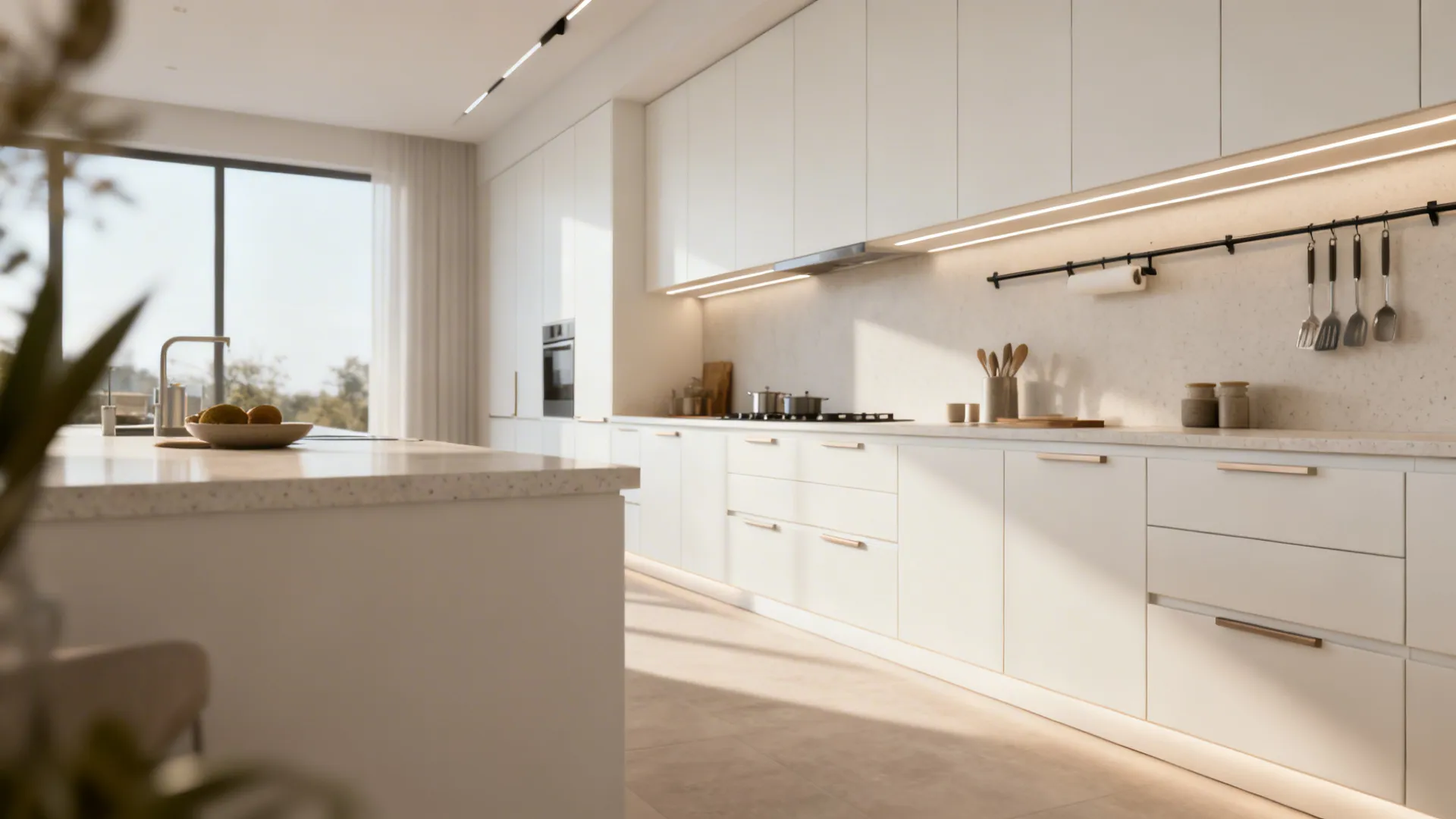 Minimalist galley kitchen with handleless matte white cabinets, slim rails, and under-cabinet LED lighting.