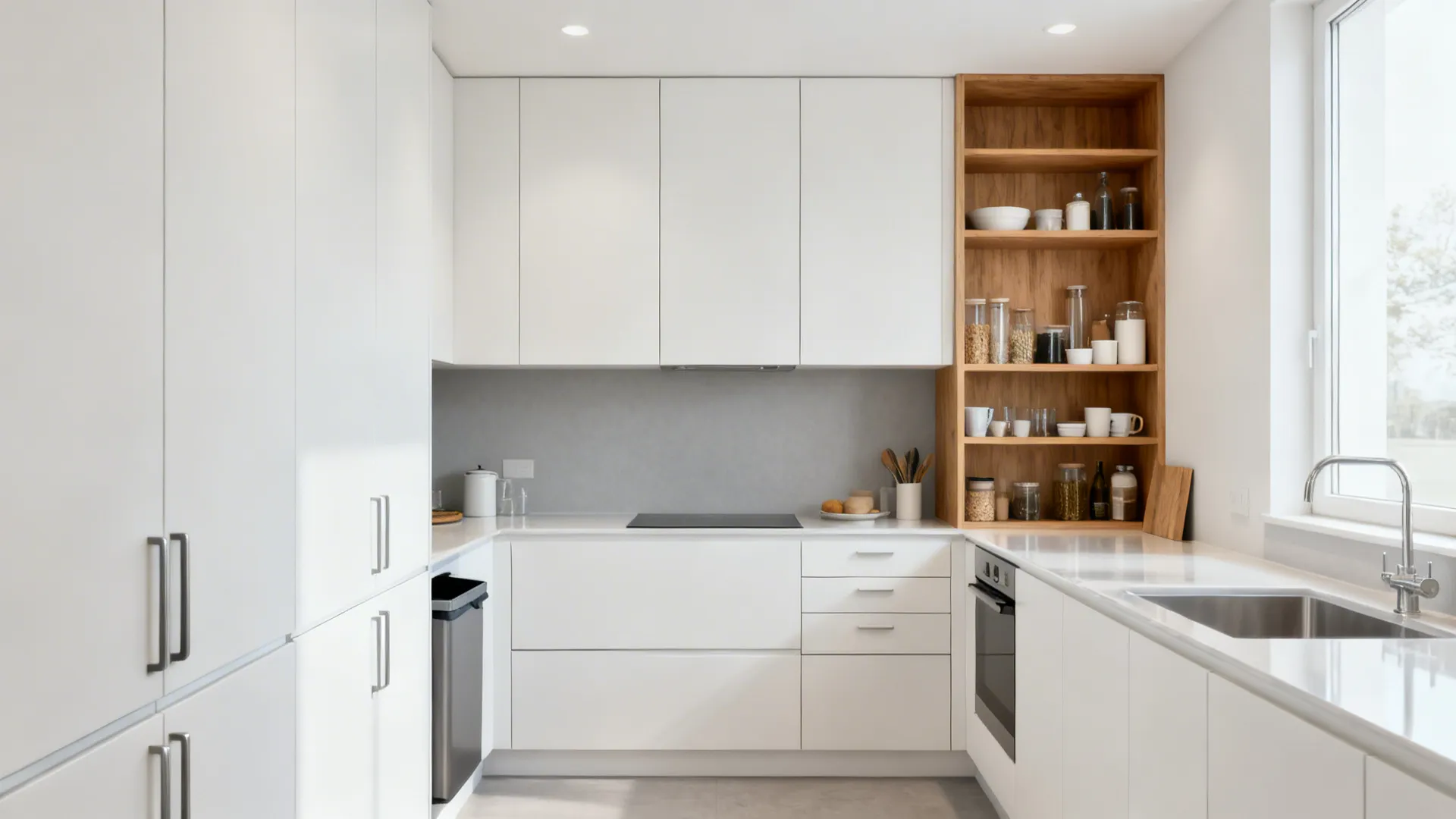Modern white kitchen with clean cabinets wooden open shelves for storage sink and a window