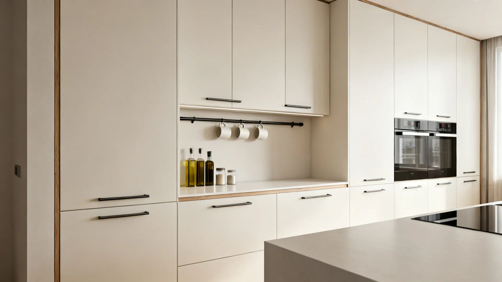 Minimalist galley kitchen with tall handleless pantry units and slim open rails.