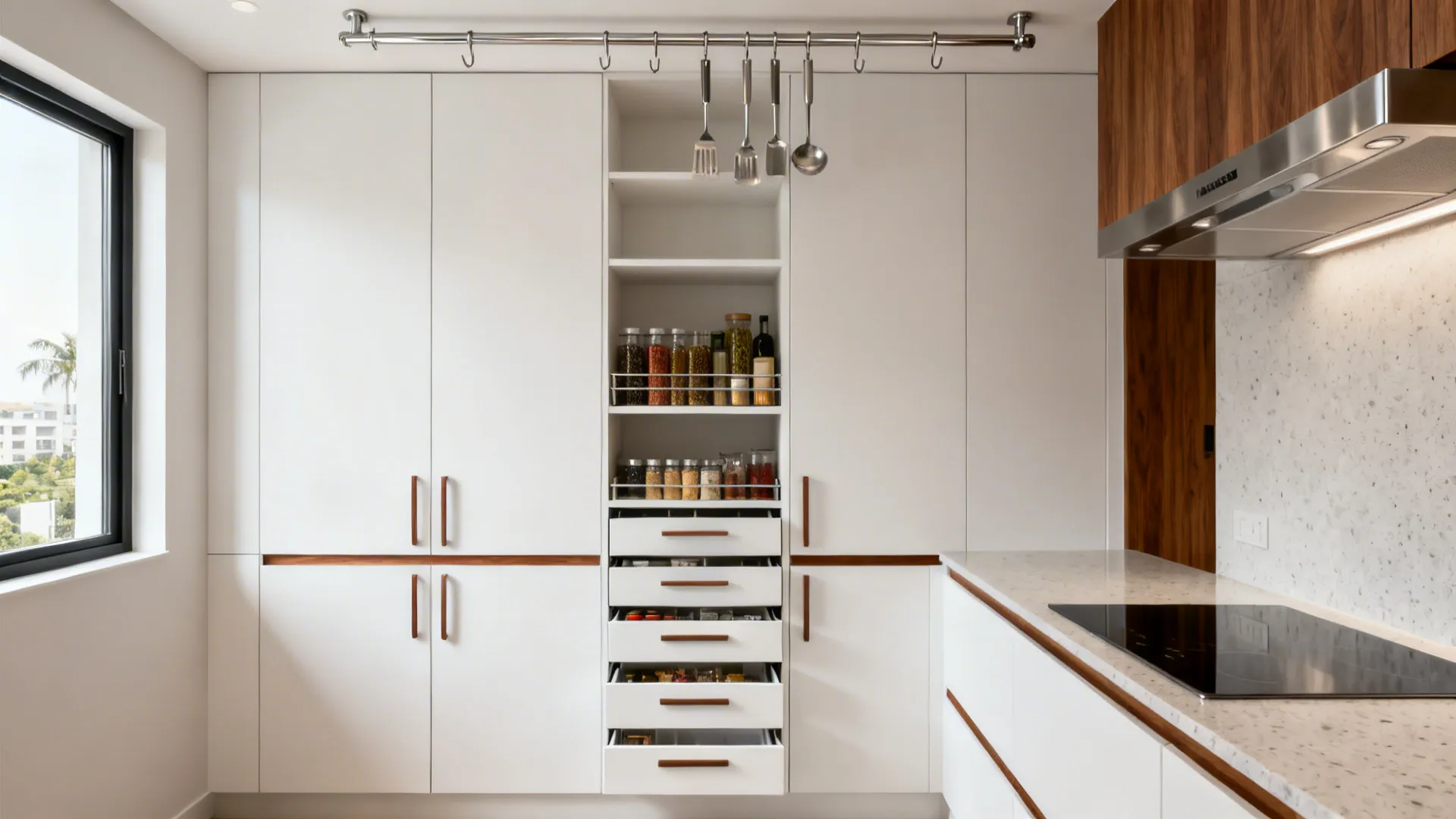 Minimalist galley kitchen with full-height cabinets, slim pull-outs, and a ceiling rail for tools.