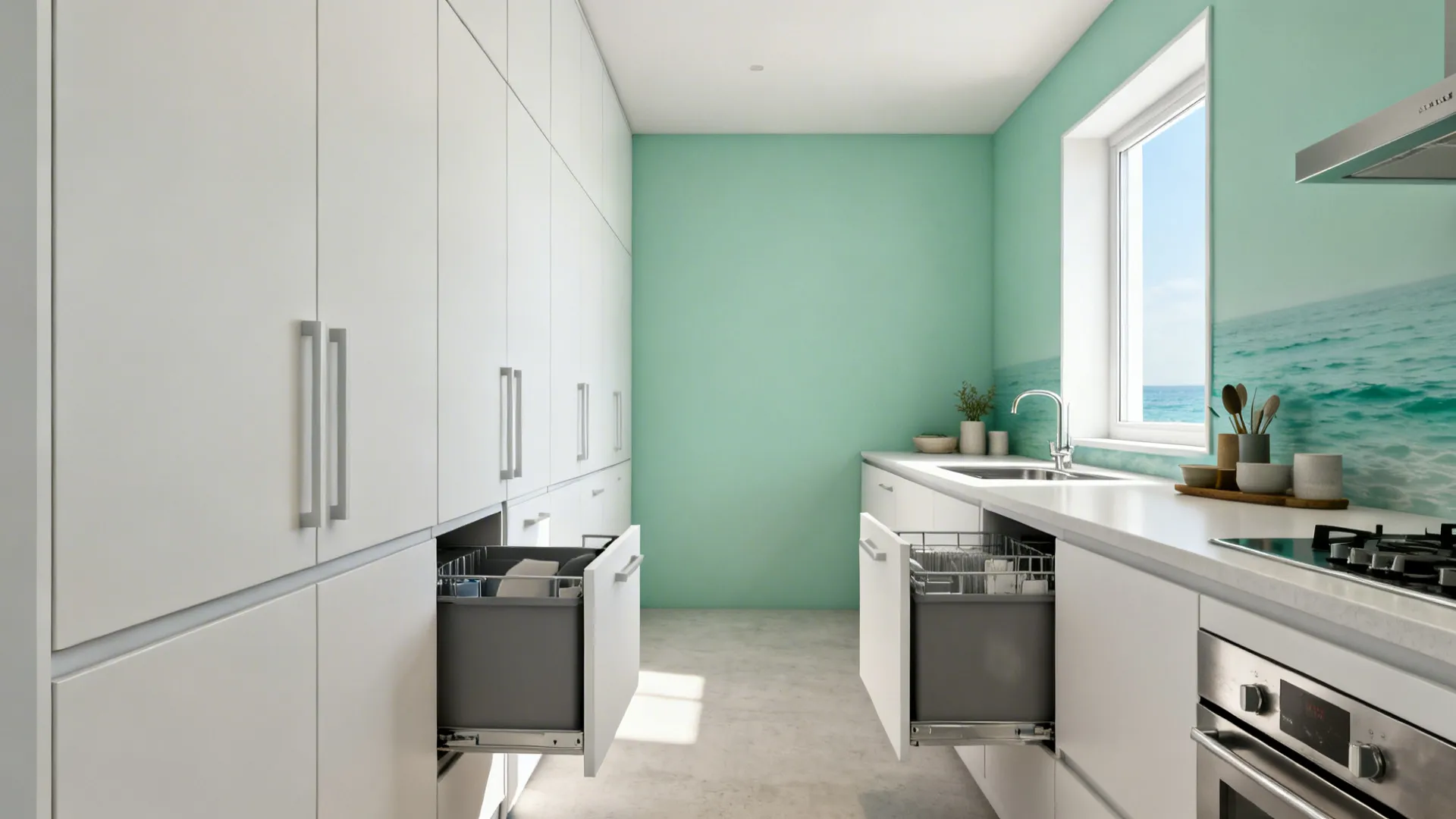 Minimalist galley kitchen with flat-panel cabinets and a full-height pantry creating a calm, clutter-free space.