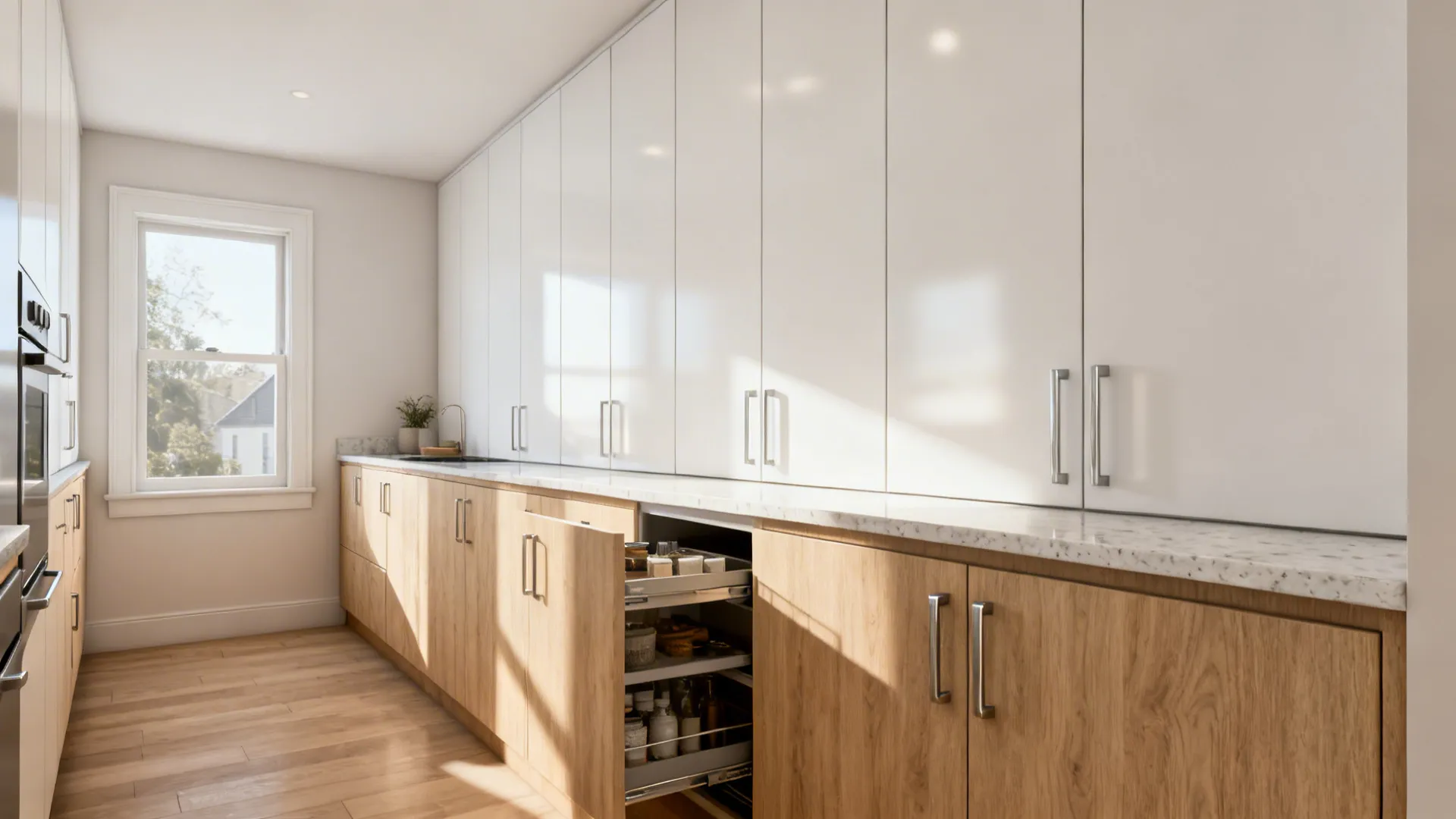 Small galley kitchen with full-height slab cabinets and a concealed pantry pull-out.