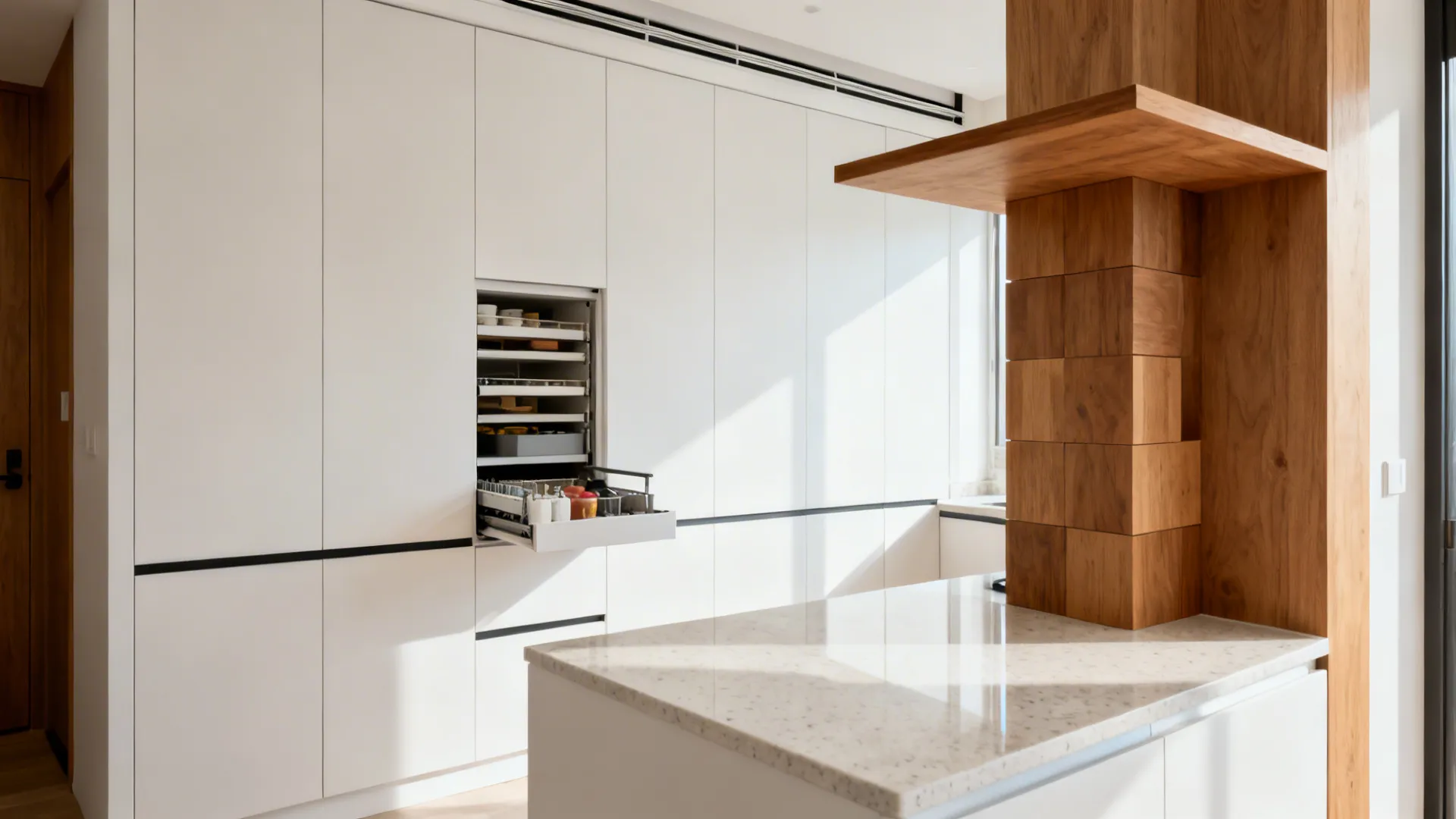 Full-height handle-less cabinets with open oak shelf and organized pull-outs.