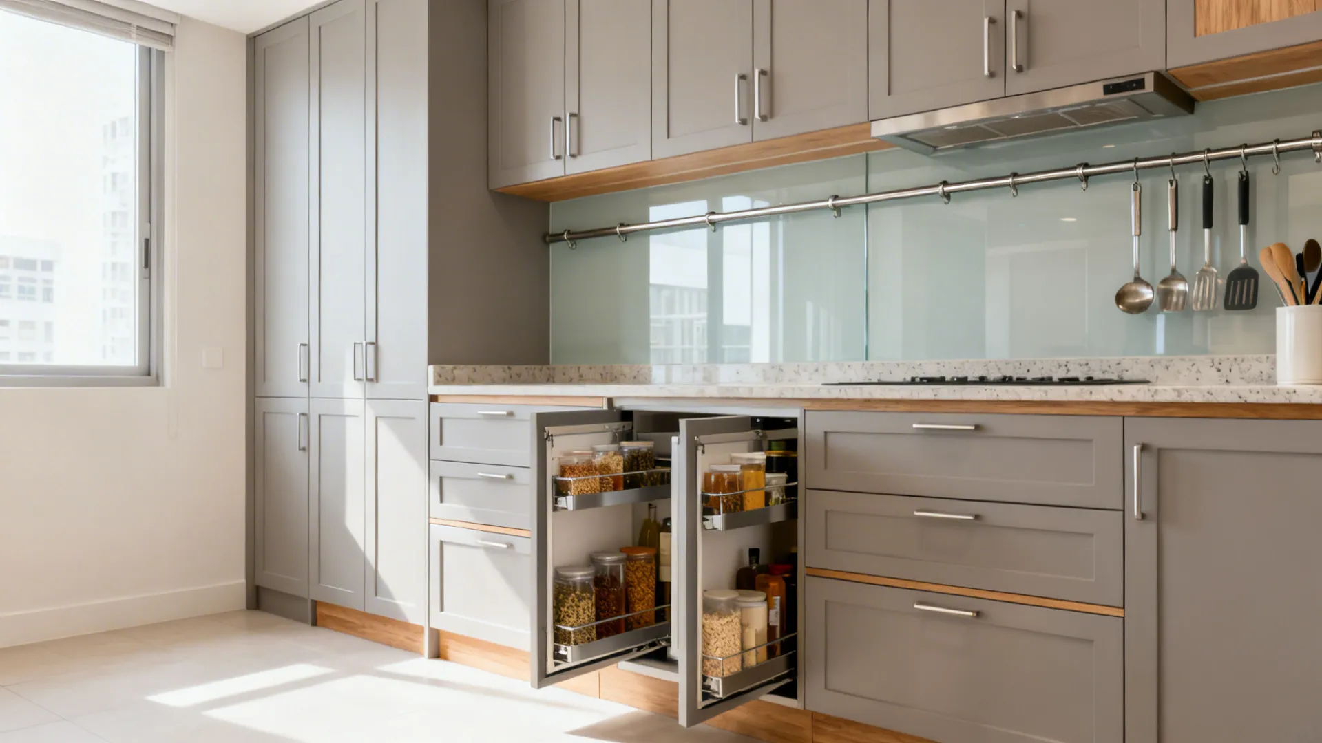 Minimalist HDB kitchen storage with full-height cabinets, pull-out pantries, and a rail system in soft daylight.
